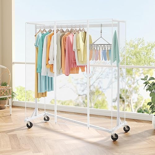 Miniatura 6 de Hoctieon Z Perchero de ropa con cubierta, estante de ropa de metal resistente, perchero enrollable con ruedas, con cubierta a prueba de polvo y