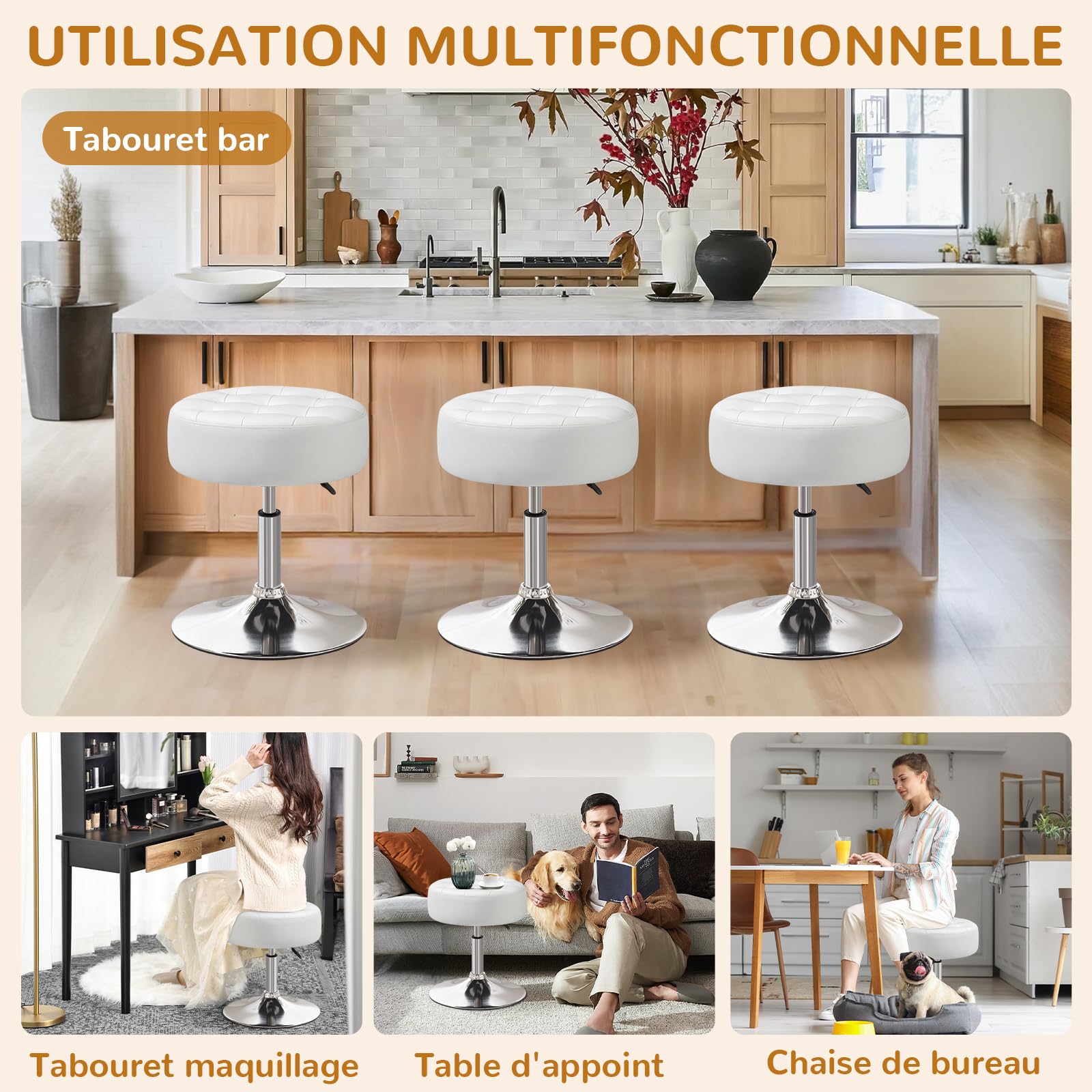 Tabouret de Coiffeuse, Tabouret de Maquillage, Tabouret Pivotant Réglable en Hauteur, Tabouret de Bar Rond Rembourré en Similicuir pour Chambre à Coucher Salon Salle à Manger, Blanc