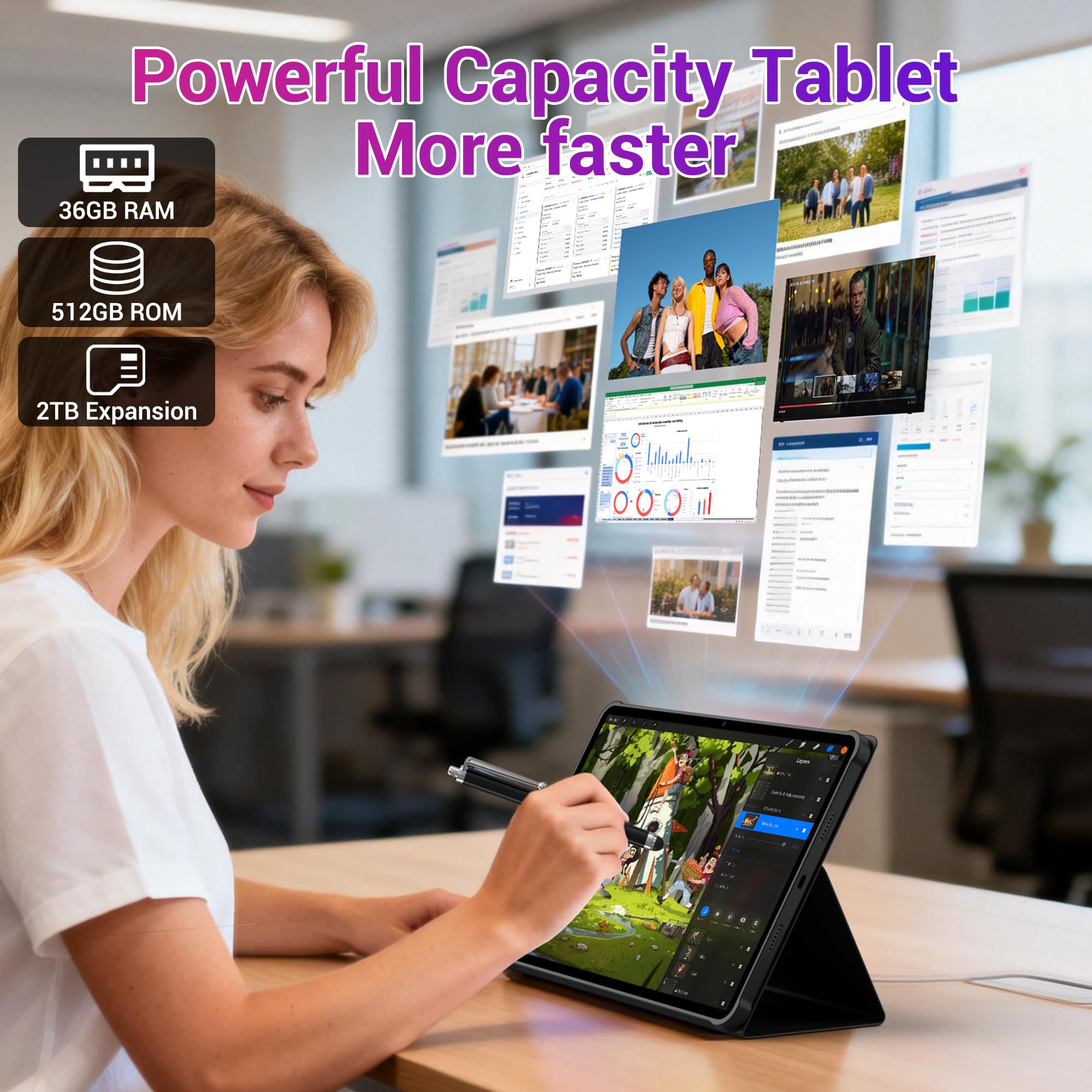 3K 13 Zoll Android 15 Tablet, 36GB RAM, 512GB ROM (erweiterbar auf 2TB), 4G LTE丨5G WLAN, 2940 x 1840, 11580mAh, Octa-Core, 13MP+8MP, Tablet mit Tastatur丨GPS丨Bluetooth丨4 Lautsprechern(Schwarz)
