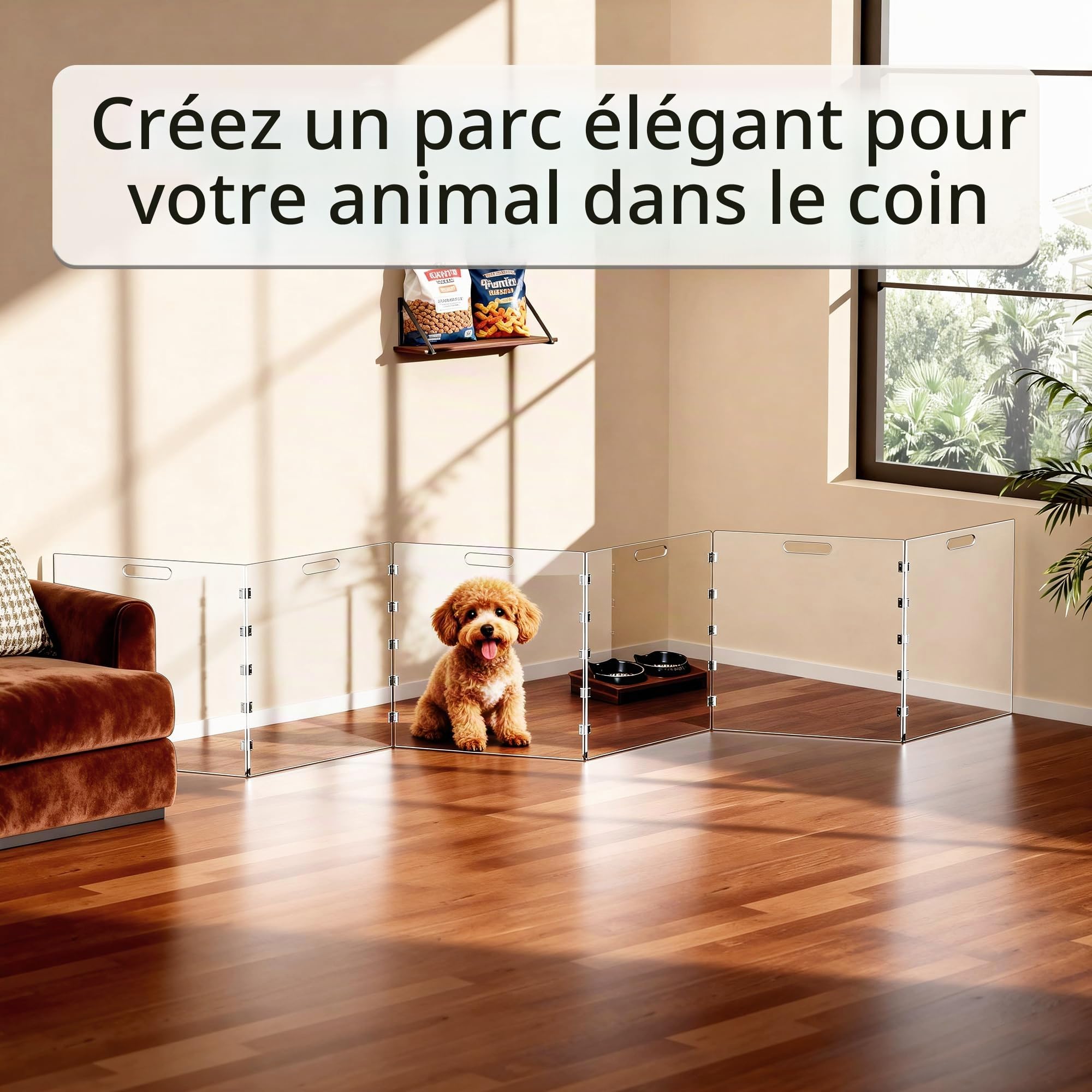 Barrière pour chien en acrylique transparent, barrière pour animaux de compagnie autostable pour portes d’intérieur, parc de jeu pliable en acrylique pour chien sans perçage (Transparent, 6 panneaux)