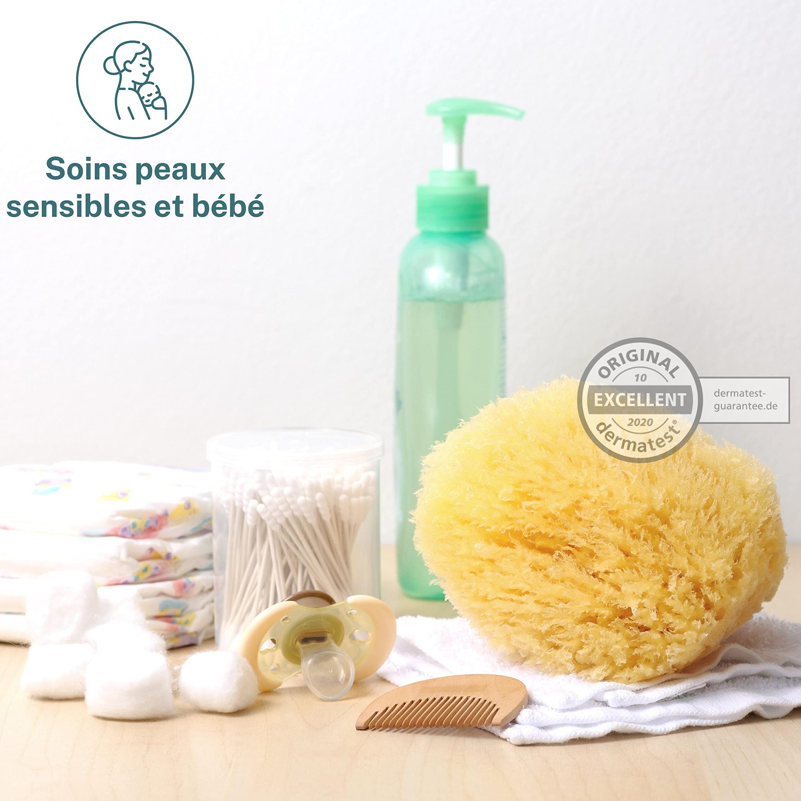 tom&pat® Éponge naturelle Grass, mousse abondante, peau sensible (13-14 cm) | Véritable éponge de mer de Grèce · Dermatest « très bien » · emballage sans plastique