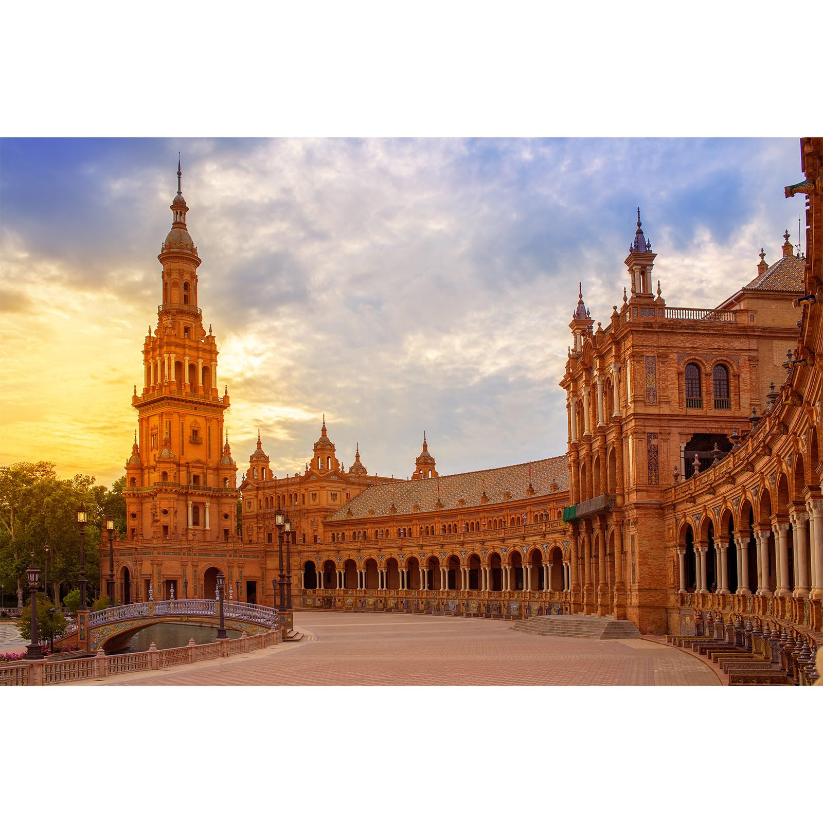 Spain Square Backdrop Sunset Sunrise Sevilla Plaza de Espana Photography Background Spain Travel Spanish Outdoor Theme Party Backdrop Banner