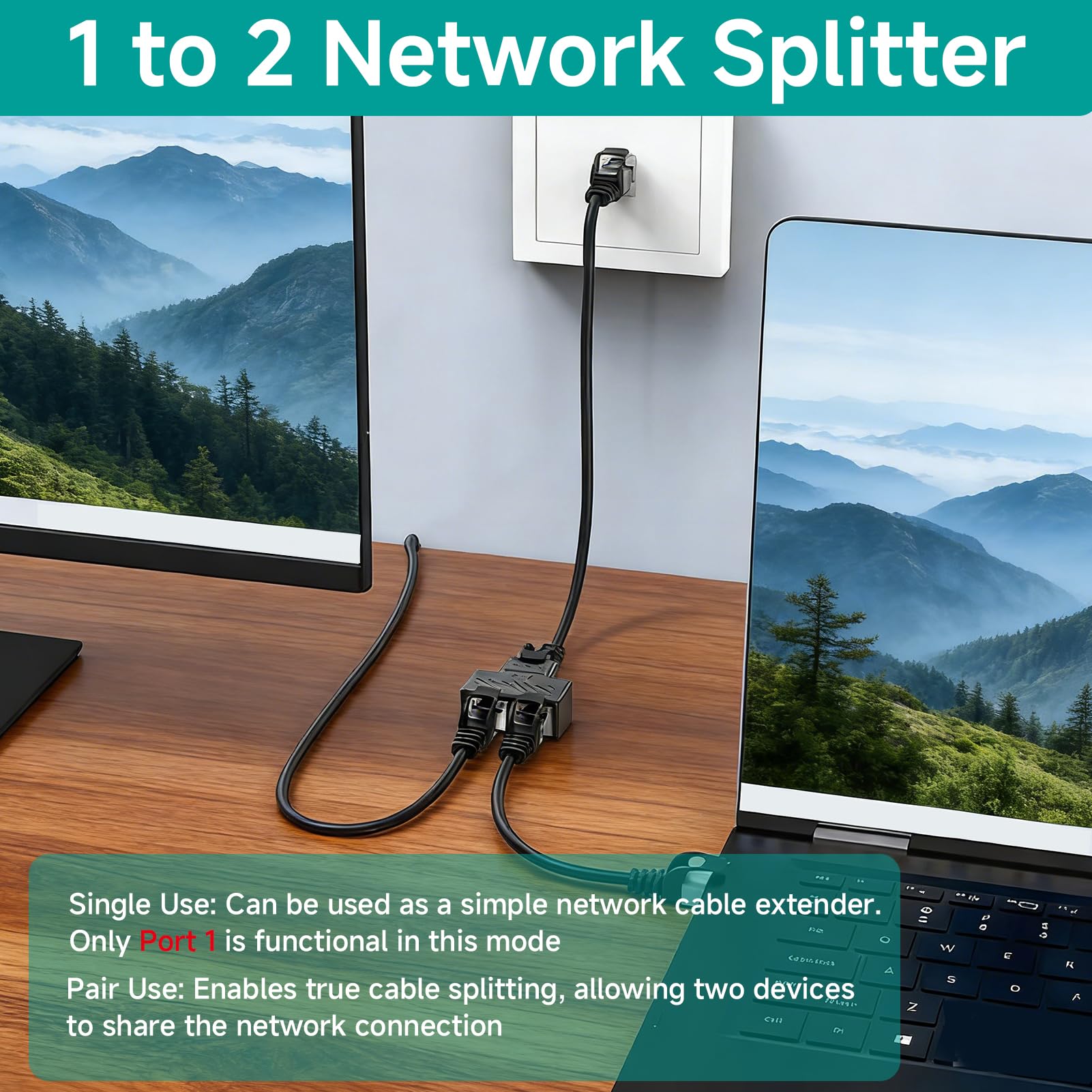 2 Piezas Empalme RJ45 1 a 2, Duplicador Ethernet Splitter Sin Corriente Divisor RJ45 para Cables Cat5 5e 6 7 8, Duplicador RJ45 para Computadora Enrutador, Ladron Ethernet 100Mbps Conectar y Usar — view 3