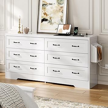 DWVO Farmhouse 6 Drawer Dresser for Bedroom, 60 Inch Large Modern Dresser TV Stand with Drawers & Bar Handles, Storage Dressers with Power Outlets, Rustic Wood Chest of Drawers, White