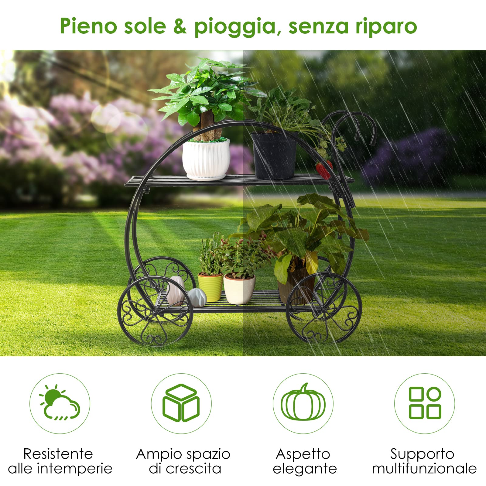 COSTWAY Scaffale per Piante in Metallo, Scaffale Portavasi a 2 Livelli con 4 Ruote, Porta Fiori da Interno ed Esterno per Soggiorno, Giardino e Balcone