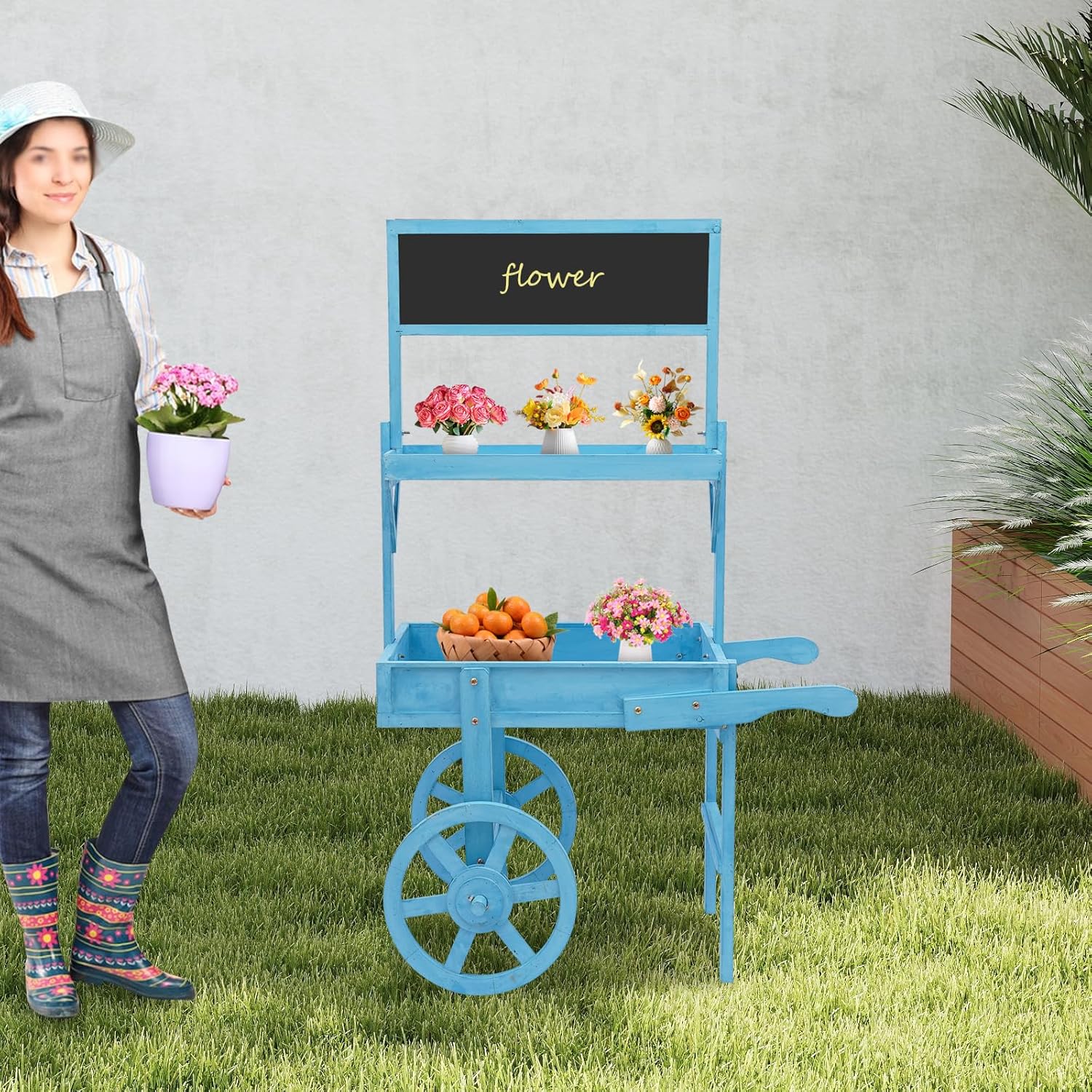 Antique Solid Wood Decor Display Rack Cart with Wheels, Large Country Market Wooden Rolling Plant Stand, Rolling Flower Cart for Display Various Flowers and Candy (Blue)