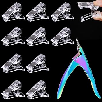 10 Pcs Poly Gel Quick Building Nail Tips Clips Transparent Finger Extension UV LED Builder Nail Tips Clip with 1 Pc Acrylic Nail Tips Clipper Trimmer Cutter for Quick Building DIY Manicure