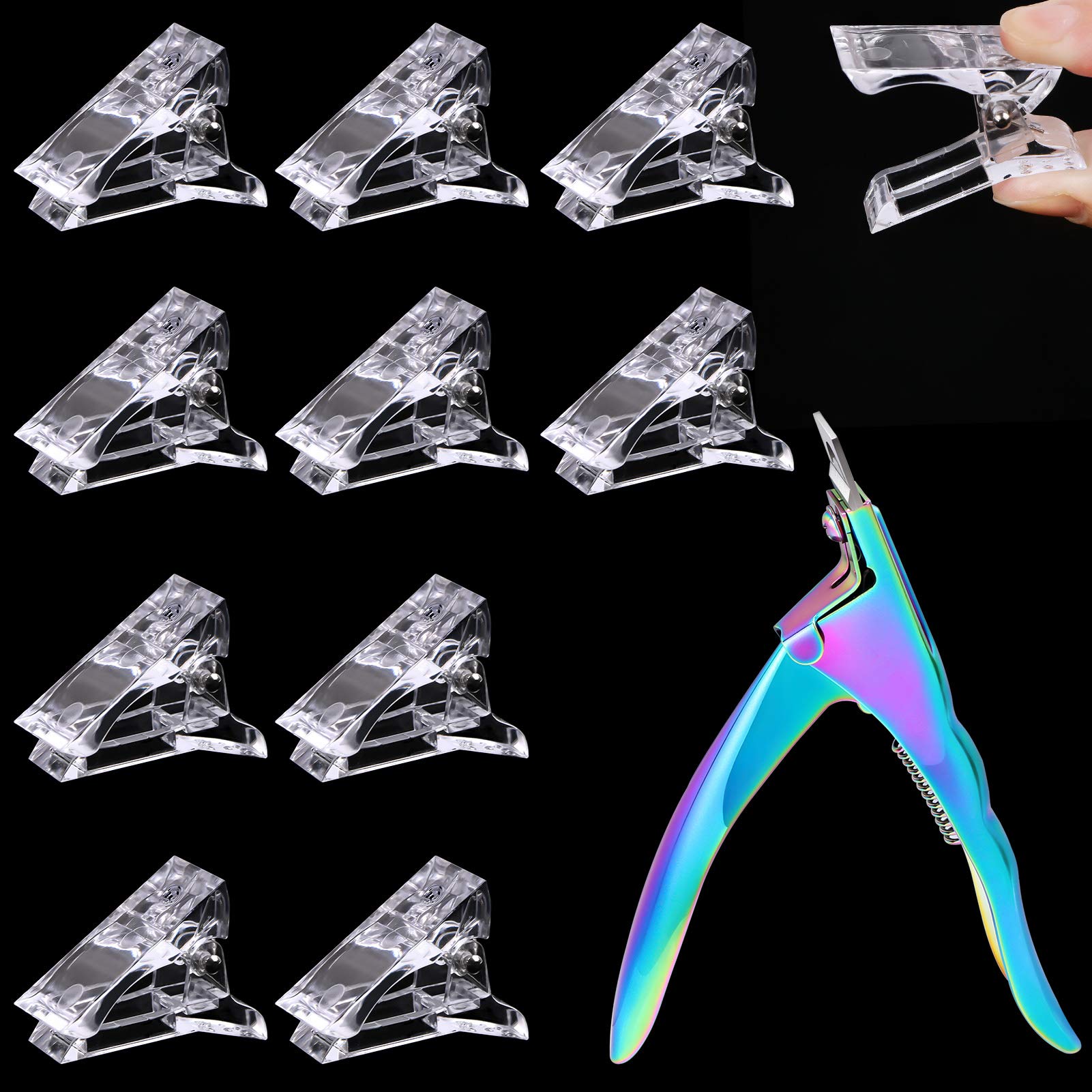 10 Pcs Poly Gel Quick Building Nail Tips Clips Transparent Finger Extension UV LED Builder Nail Tips Clip with 1 Pc Acrylic Nail Tips Clipper Trimmer Cutter for Quick Building DIY Manicure