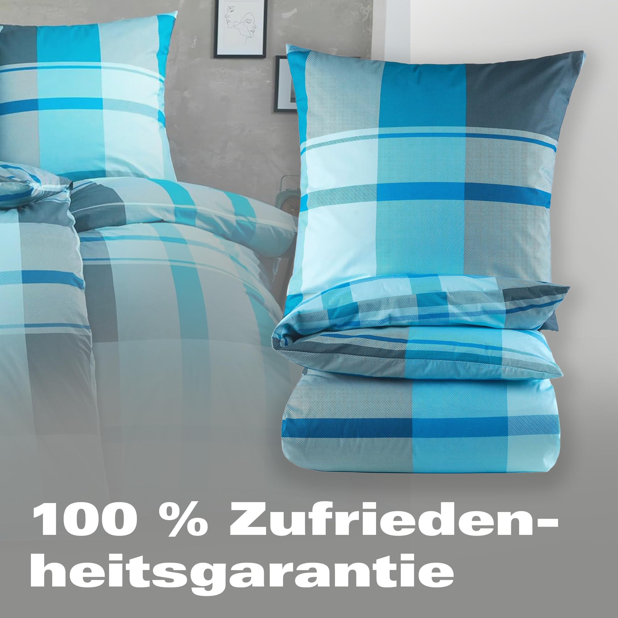BaSaTex Bettwäsche Set Renforcé, 4-TLG., 135 x 200 cm, Karo Türkis | 100% Baumwolle, Öko_Tex Zertifiziert, Reißverschluss