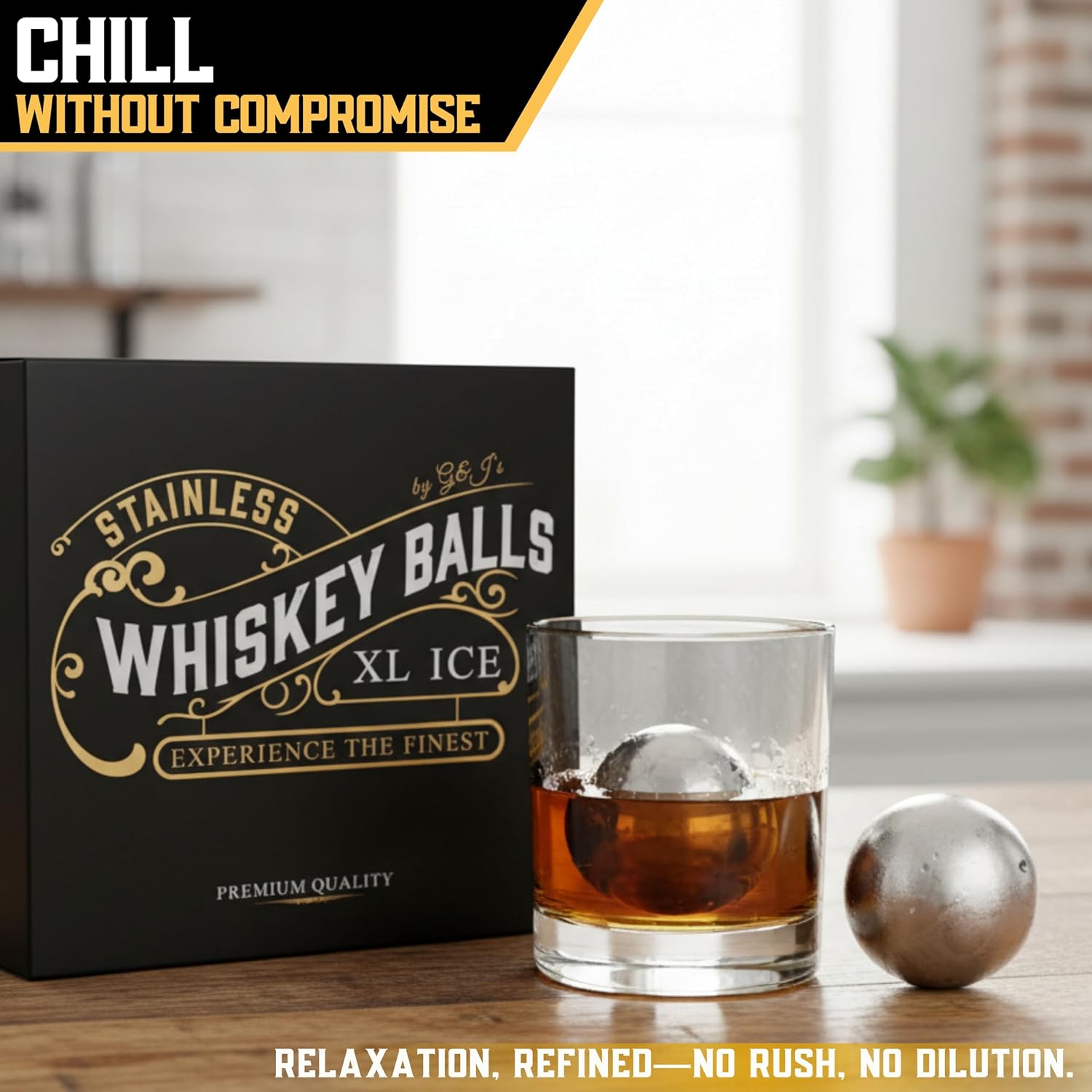 G&J's Finest Premium 4-Piece Stainless Steel Whiskey Chilling Ball Gift Set – 2 X-Large & 2 Large size Balls with Freezer Pouches and Tongs in Luxury Gift Box for Bourbon|Scotch|Whiskey(Not-Solid)