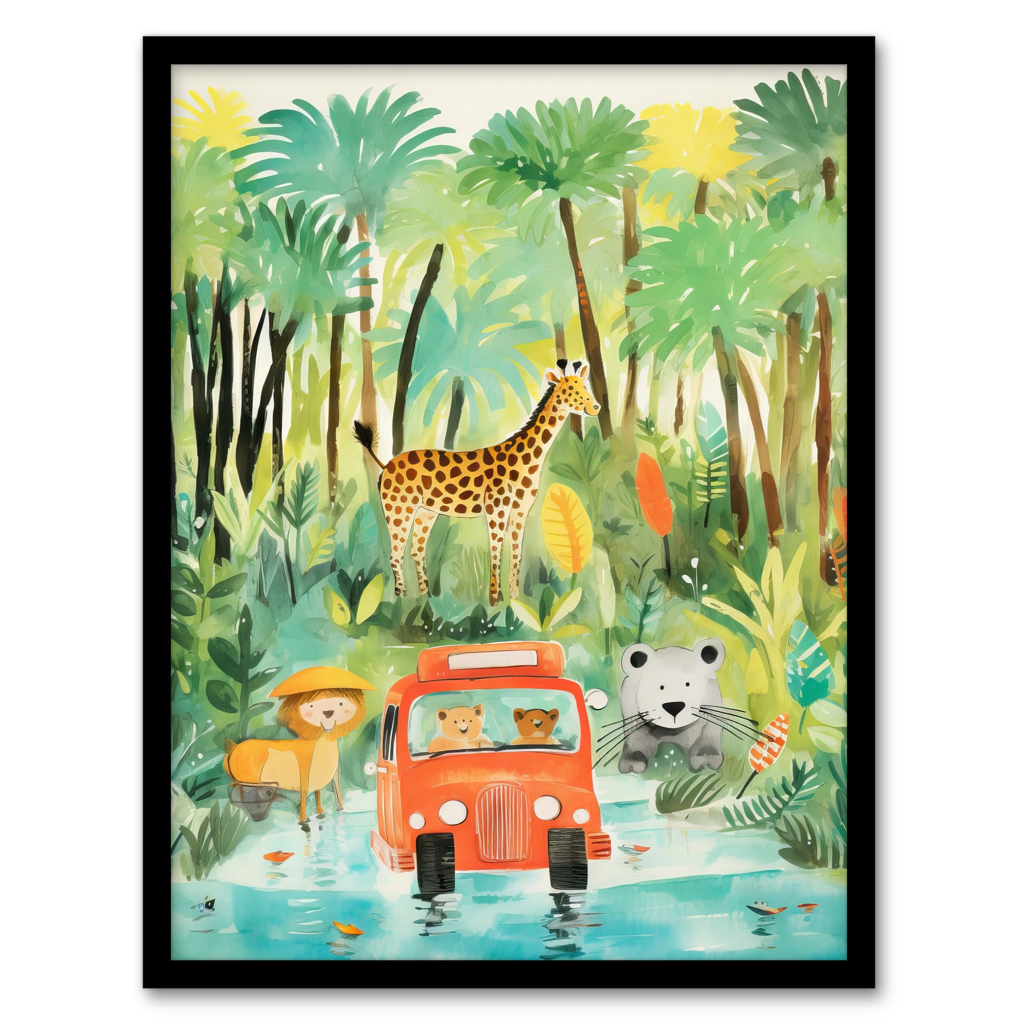 Artery8 Jungle Safari Adventure Animals Kids Bedroom Nursery Giraffe Lion Watercolour Artwork Framed Wall Art Print A4