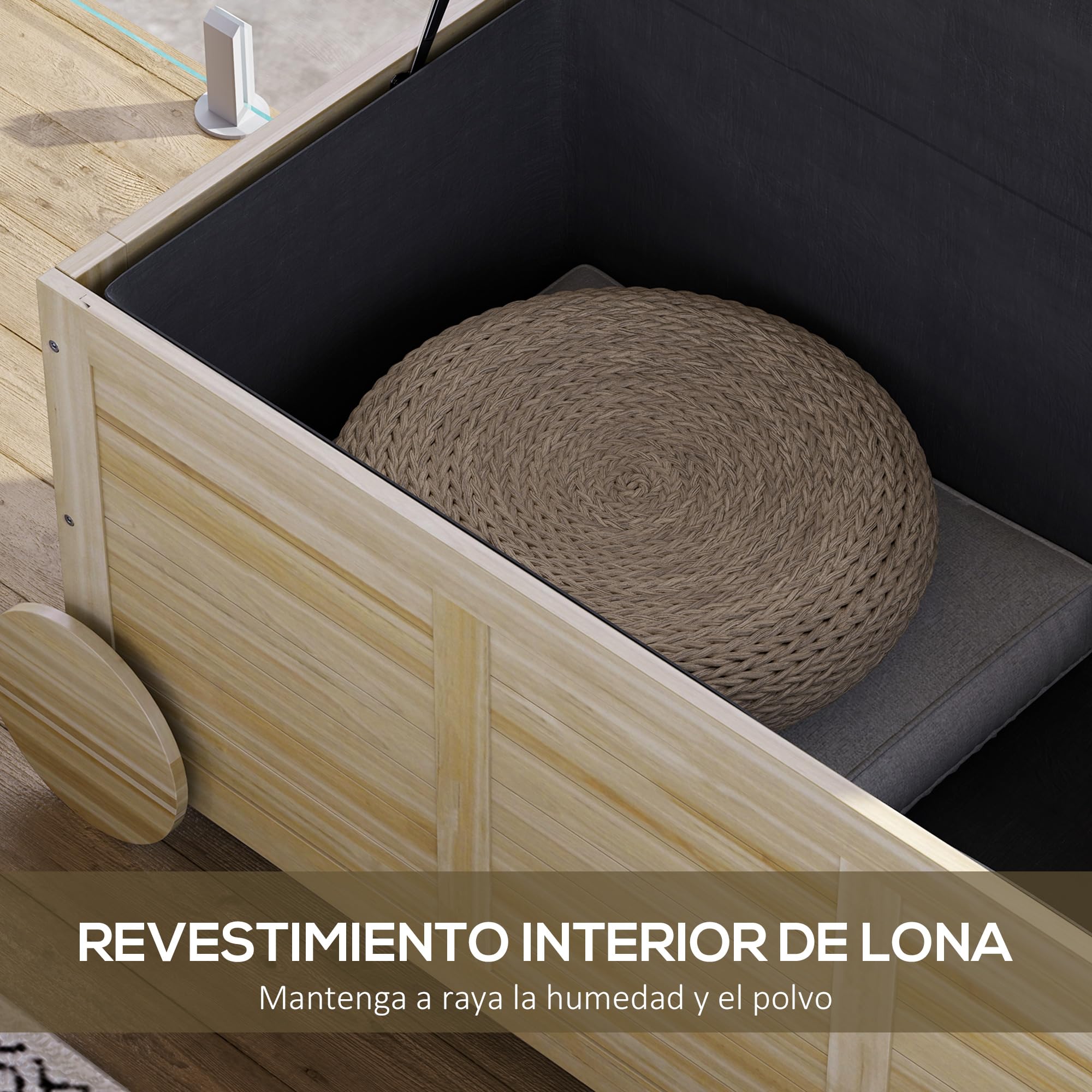 Outsunny Baúl de Almacenaje Exterior 185L, Arcón de Jardín de Madera con Tapa Abatible, 2 Ruedas, Bisagras Metálicas, Cuerdas de Lino y Forro Interior, 110x50x50 cm, Natural