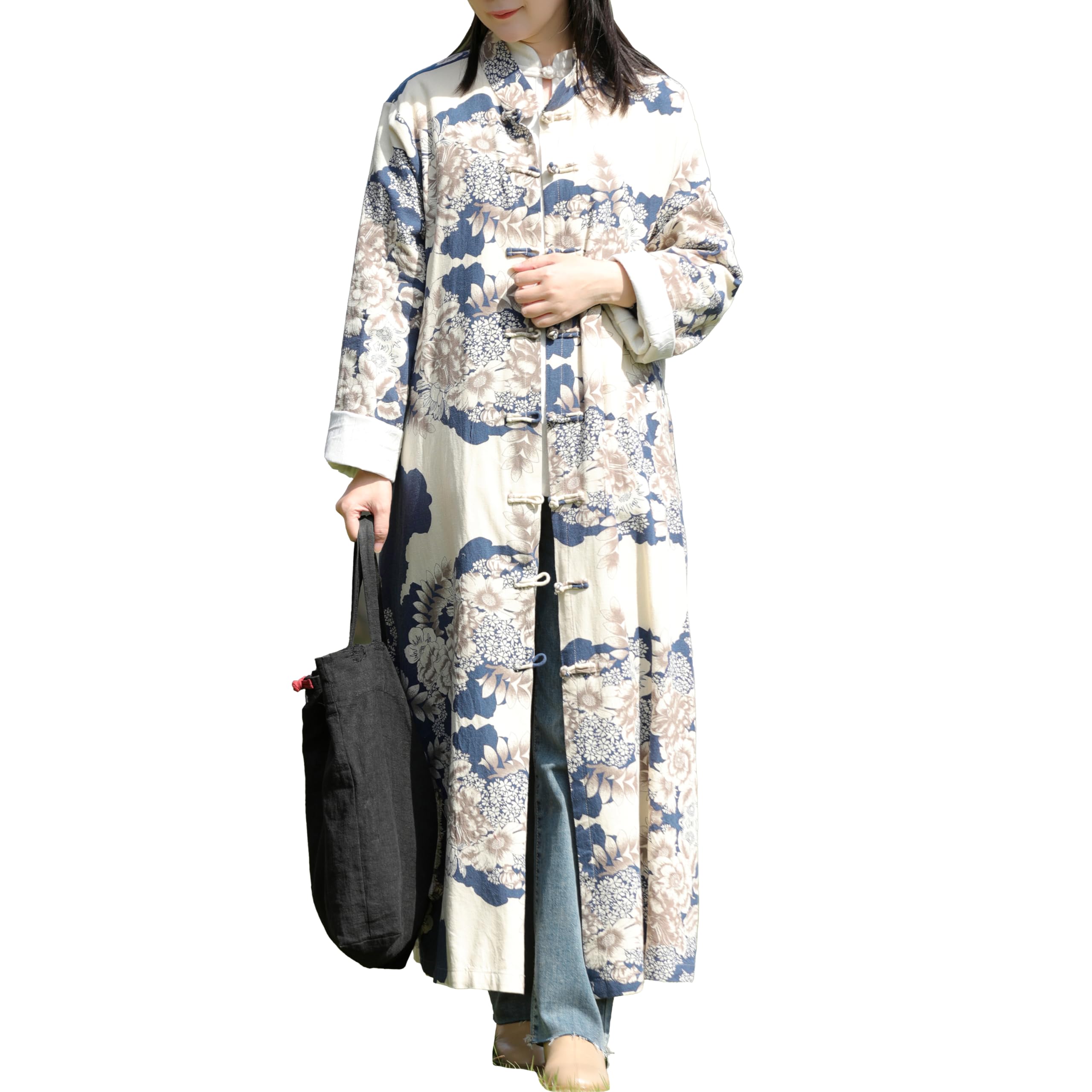 LUZU JUNU Trench da donna con stampa floreale, giacca lunga in cotone e