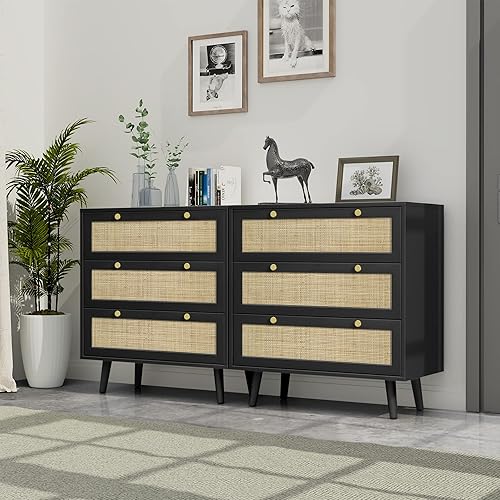 Miniatura 8 de Anmytek Cómoda negra para dormitorio con 3 cajones, cómoda moderna de madera con 3 cajones, cómoda negra con amplio almacenamiento de ratán para