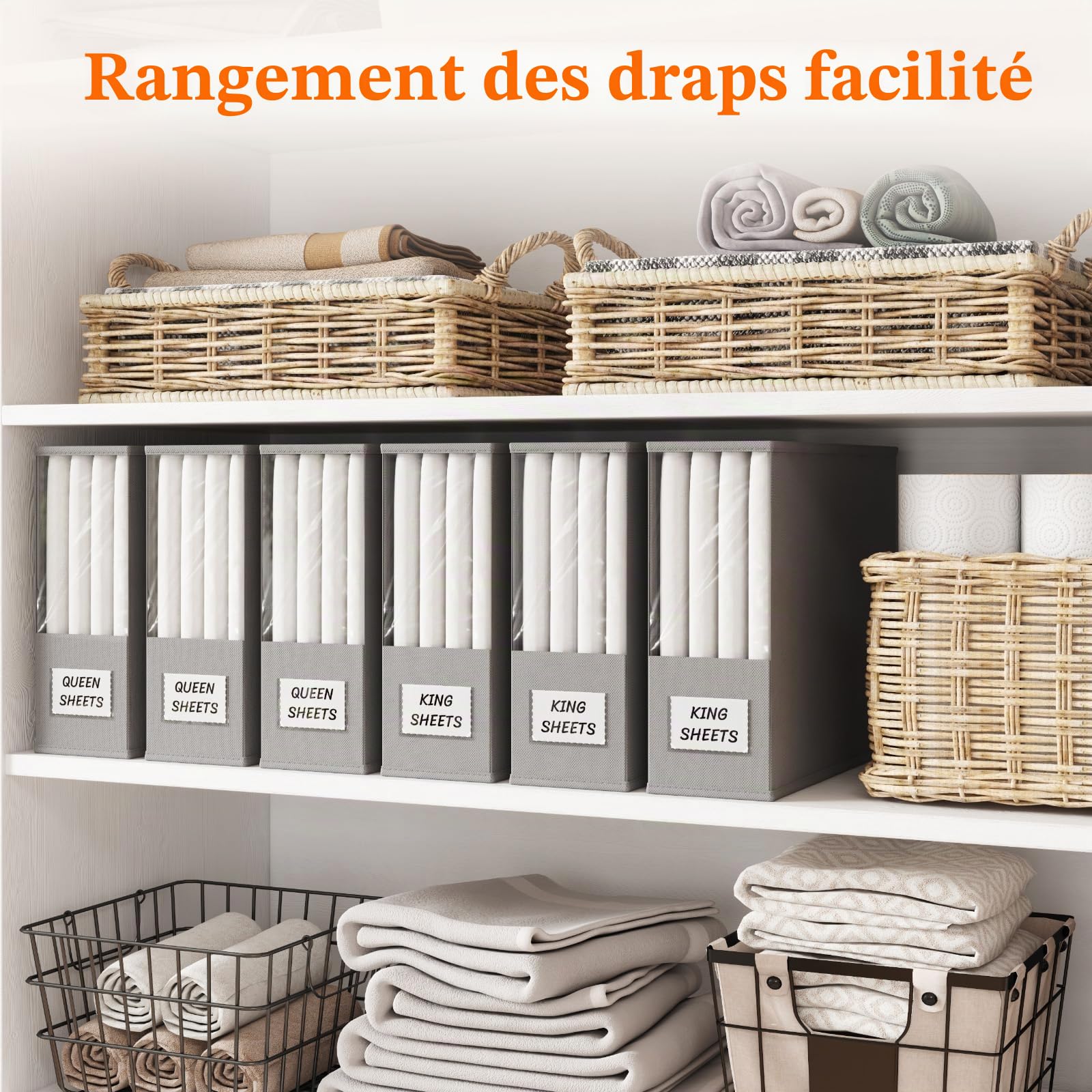 Lifewit Sacs de Rangement Pliables pour Draps de Lit, Boite Rangement Draps de Lit avec Fenêtre Transparente, Étiquette, Caisse Rangement Housse Couette, Couverture, Placard, Gris Claire, Lot de 6