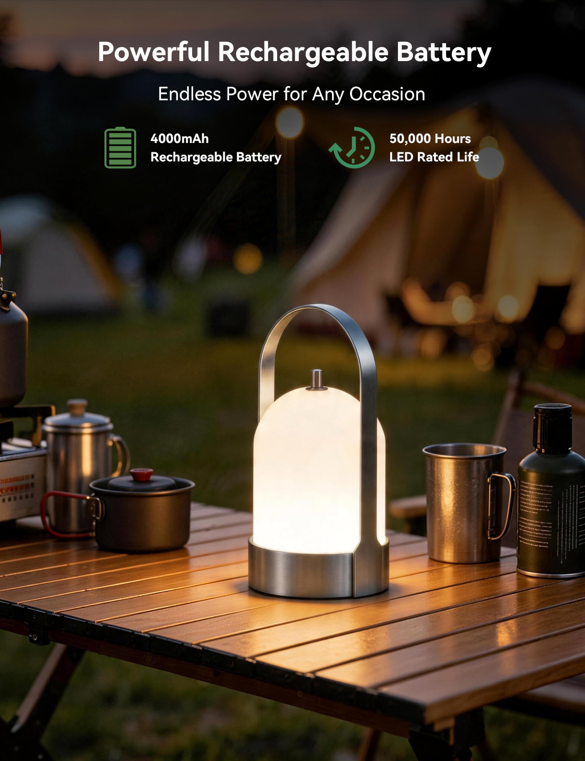 Tubicen Lámpara de mesa LED portátil para exteriores, impermeable, 4000 mAh, funciona con pilas, lámpara de mesa inalámbrica, recargable, 4 vías, táctil, regulable, portátil, para patio, cena, camping