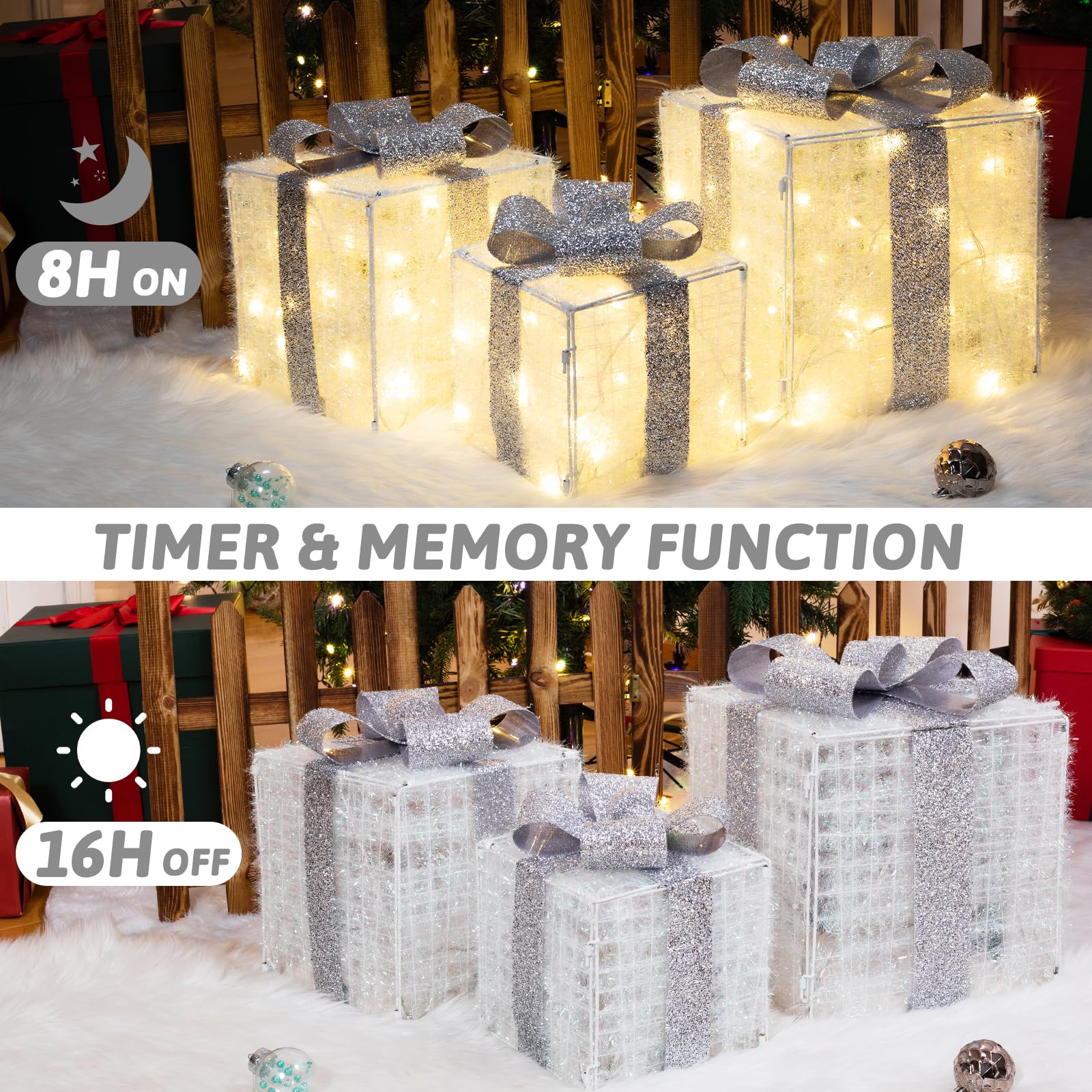 Quntis 3 Set LED Geschenkbox Weihnachtsdeko Innen Strombetrieben | 117 warmweiße LEDs, 30CM Großer beleuchtete Boxen, Lichterdeko Geschenkpakete für Weihnachtsbaum Fensterbank Garten