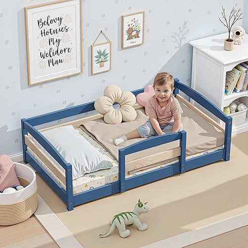 Miniatura 7 de Cama estándar para cuna, base de cama baja Montessori de madera con 2 entradas y barandillas seguras para niños y niñas, azul niebla Azul (Mist