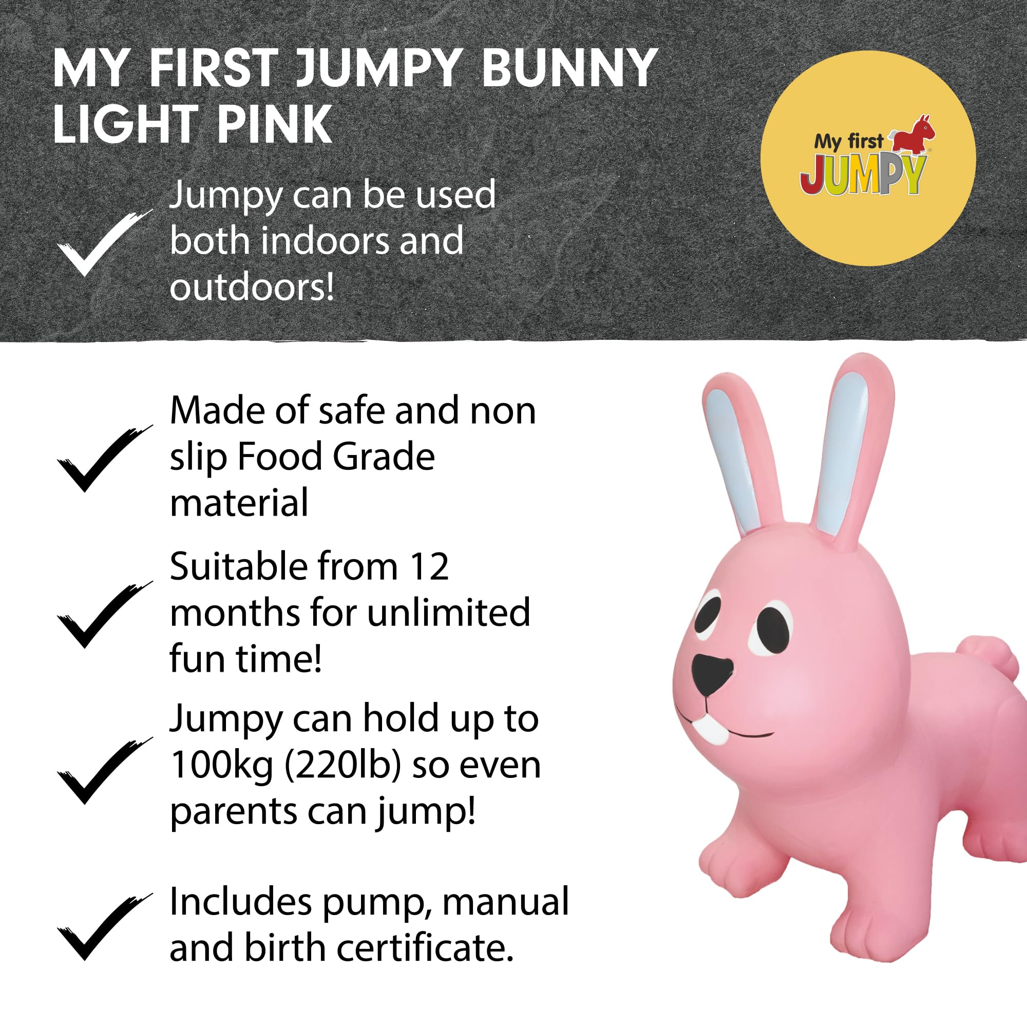 Gerardo's Toys Jumpy Zwierzęta do skakania zając jasnoróżowe ok. 58 cm – skaczące zwierzęta od 1 roku życia – nadmuchiwane zwierzęta do użytku wewnątrz i na zewnątrz – w zestawie pompka