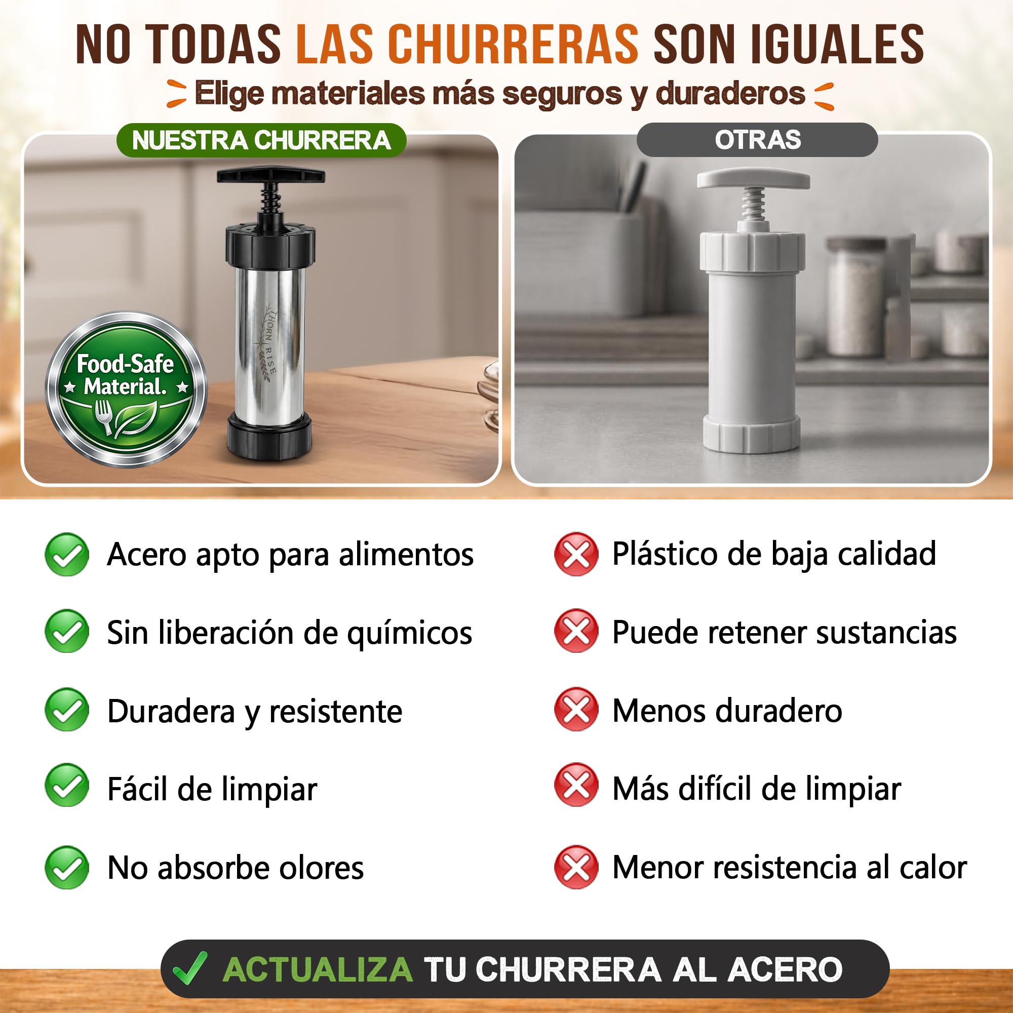 Churreras para Churros y Porras de Acero Inoxidable 304 – Rápida, Fácil de Limpiar y de Gran Capacidad – Ideal Postres Caseros y Cocina Familiar – Kit Reposteria Profesional para Chefs y Principiantes