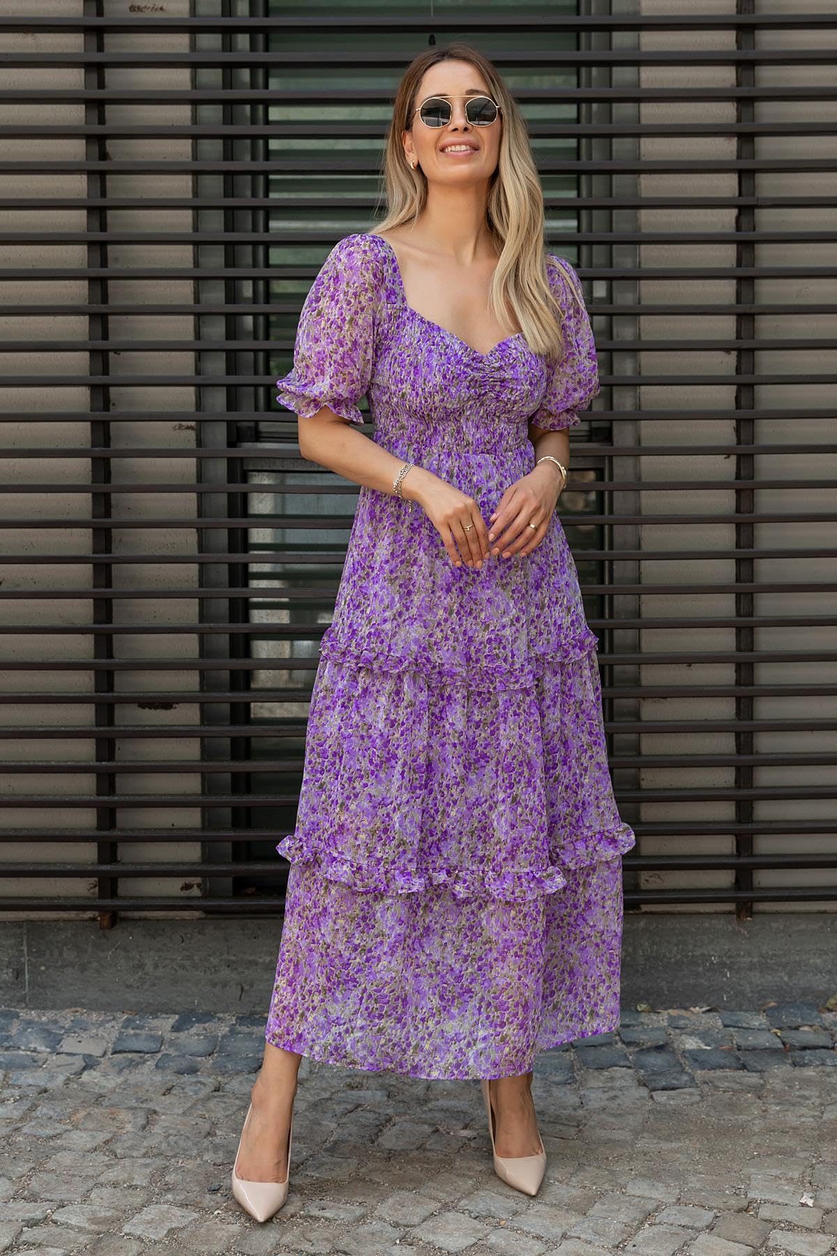 Women's Floral Puff Sleeve High Waist A Line Flowy Long Dress-image-45