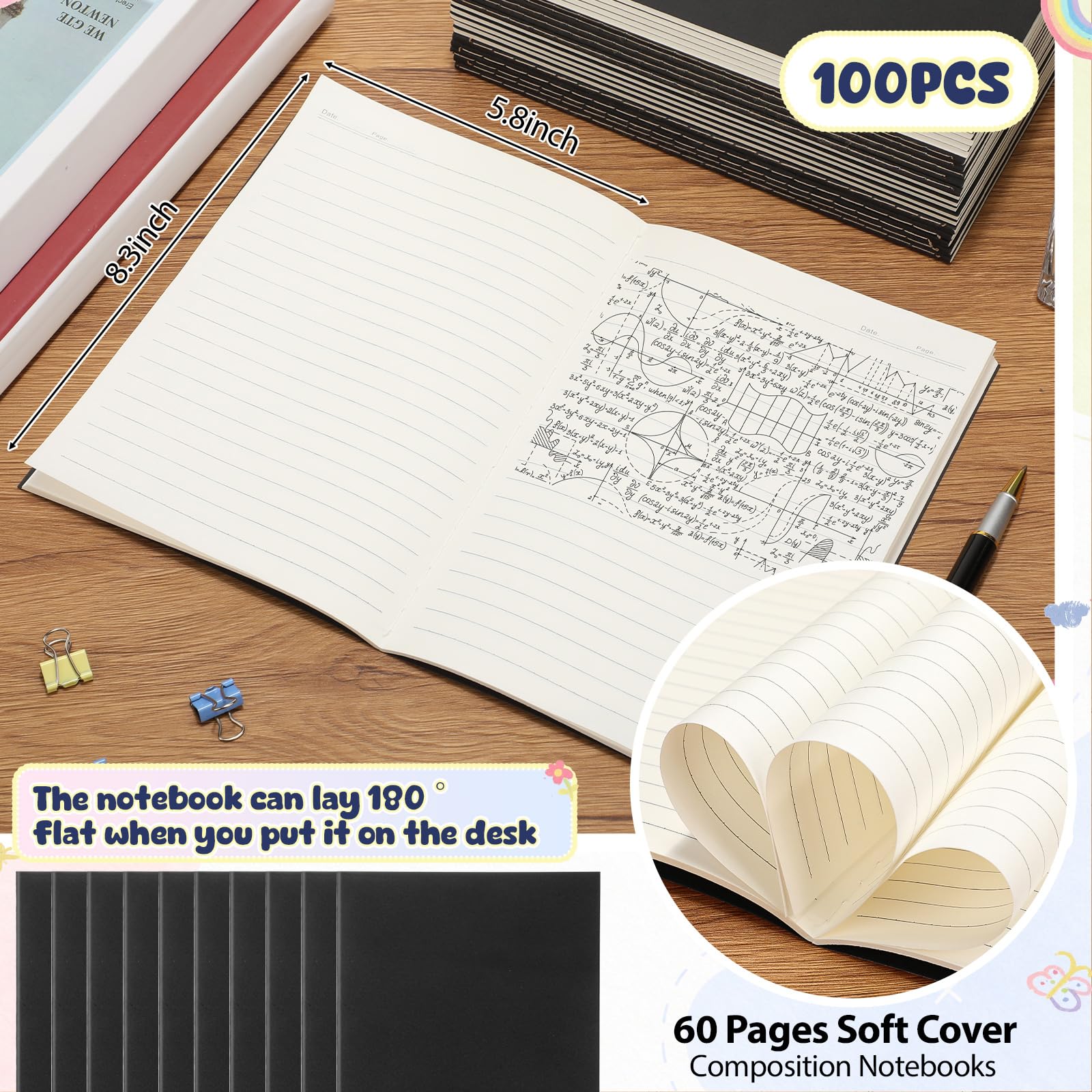 Handepo Paquete de 100 cuadernos de papel kraft A5 rayados, tapa suave, bloc de notas de composición de papel kraft para niñas, estudiantes, oficina, suministros escolares (negro)