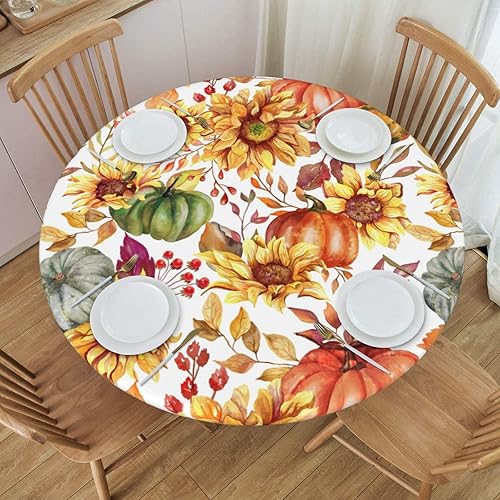 Mantel redondo de girasol de calabaza de otoño con borde elástico, ajustable, impermeable, para interiores y exteriores, decoración moderna para