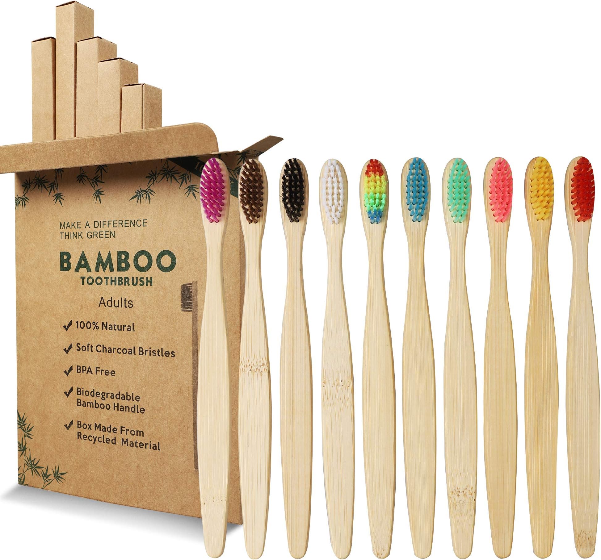 GeekerChip Bamboo toothbrush, 10 colours bamboo toothbrush, natural soft bristles, environmentally friendly and 100% biodegradable