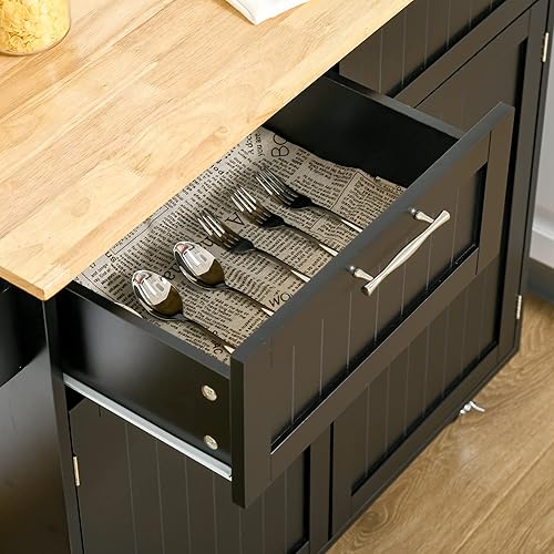 Miniatura 9 de HOMCOM Isla de cocina moderna de 41 pulgadas con ruedas, carrito de almacenamiento con parte superior y cajones de madera de caucho, color negro