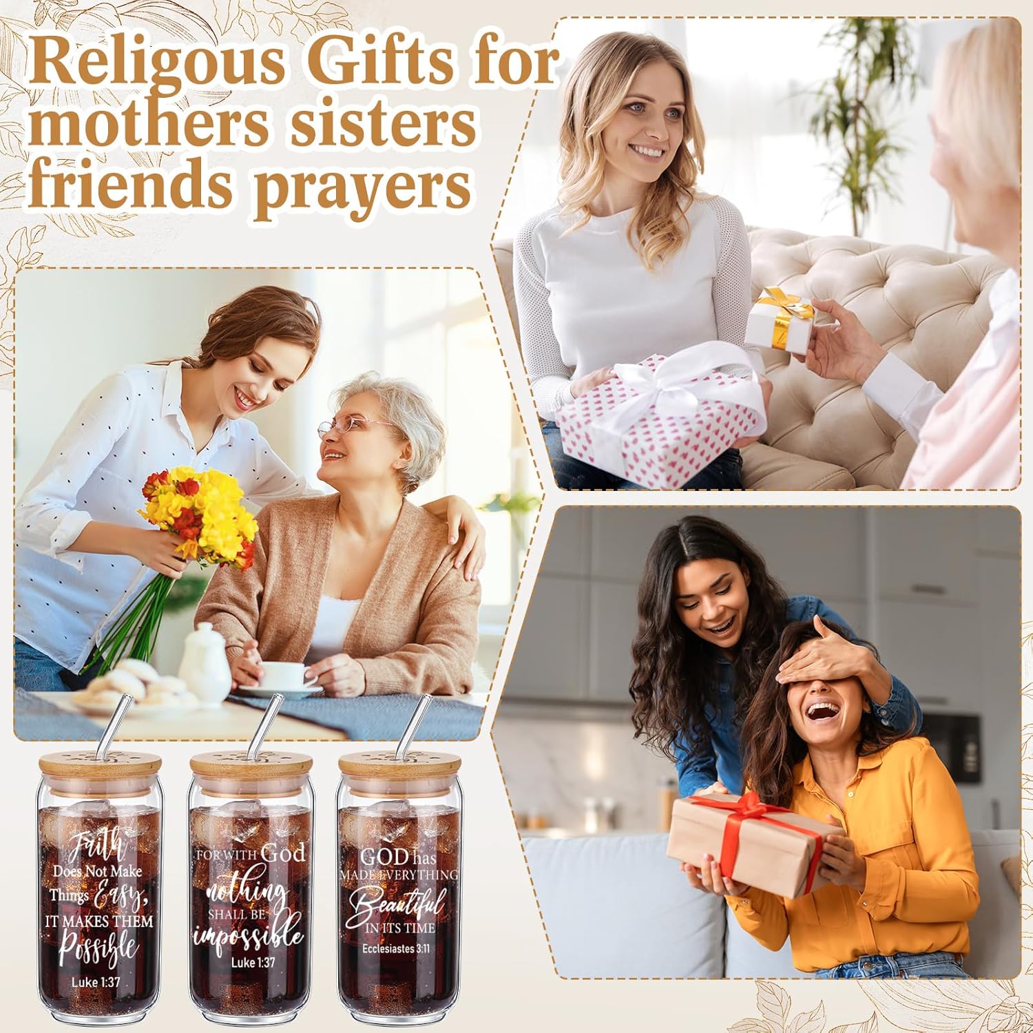 Tioncy 12 Pcs Religous Thank You Gifts for Women Appreciation Teacher Nurse Christian Religous Gifts 16oz Glass Cup with Bamboo Lids Straws Coffee Drinking Jars for Coworker