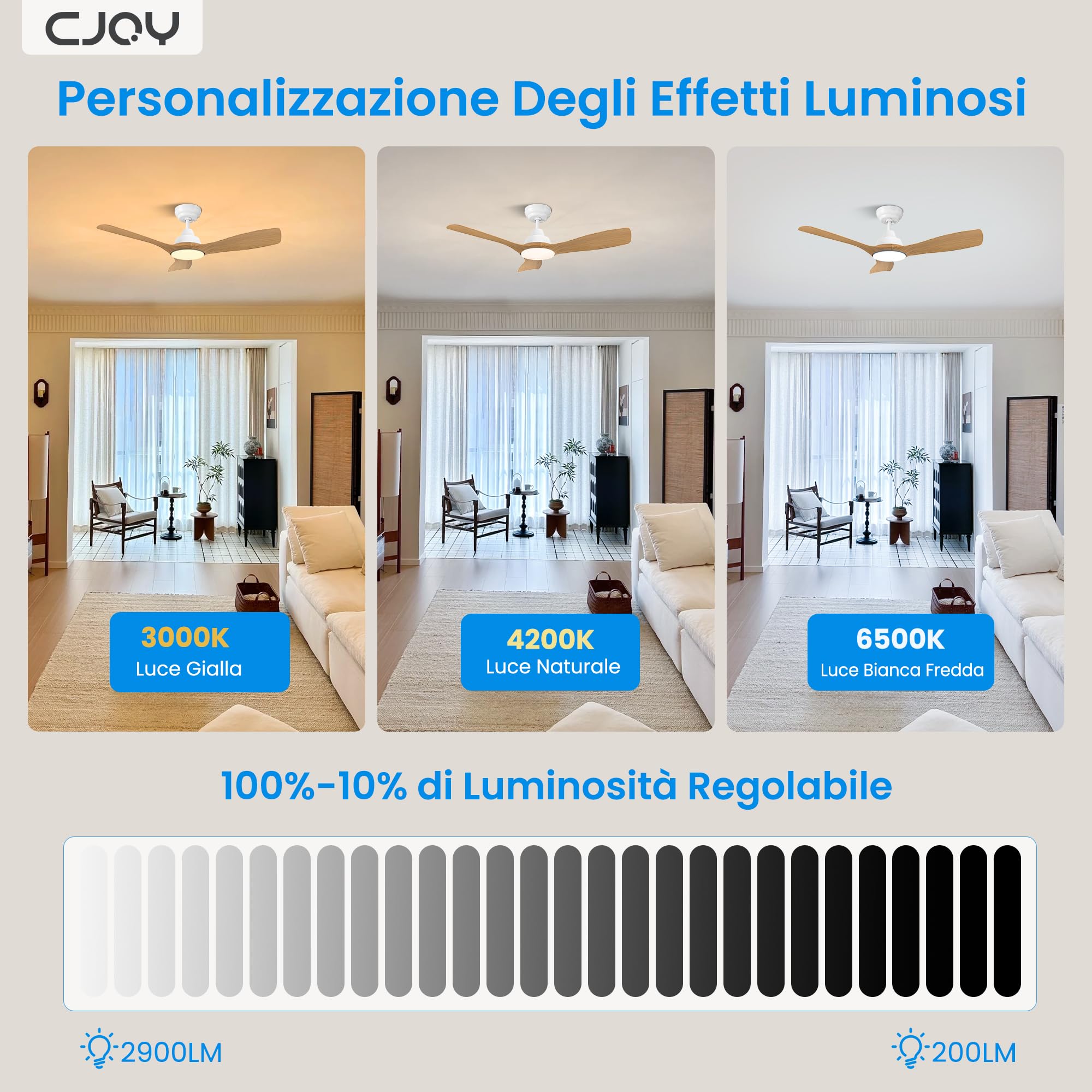 CJOY Ventilatore da Soffitto Silenzioso,107cm Ventilatore da Soffitto con Luce e Telecomando Legno, Reversibile, Dimmerabile 3CCT, 6 Velocità, Modalità Sospensione, Per Camera da Letto/Soggiorno/Patio