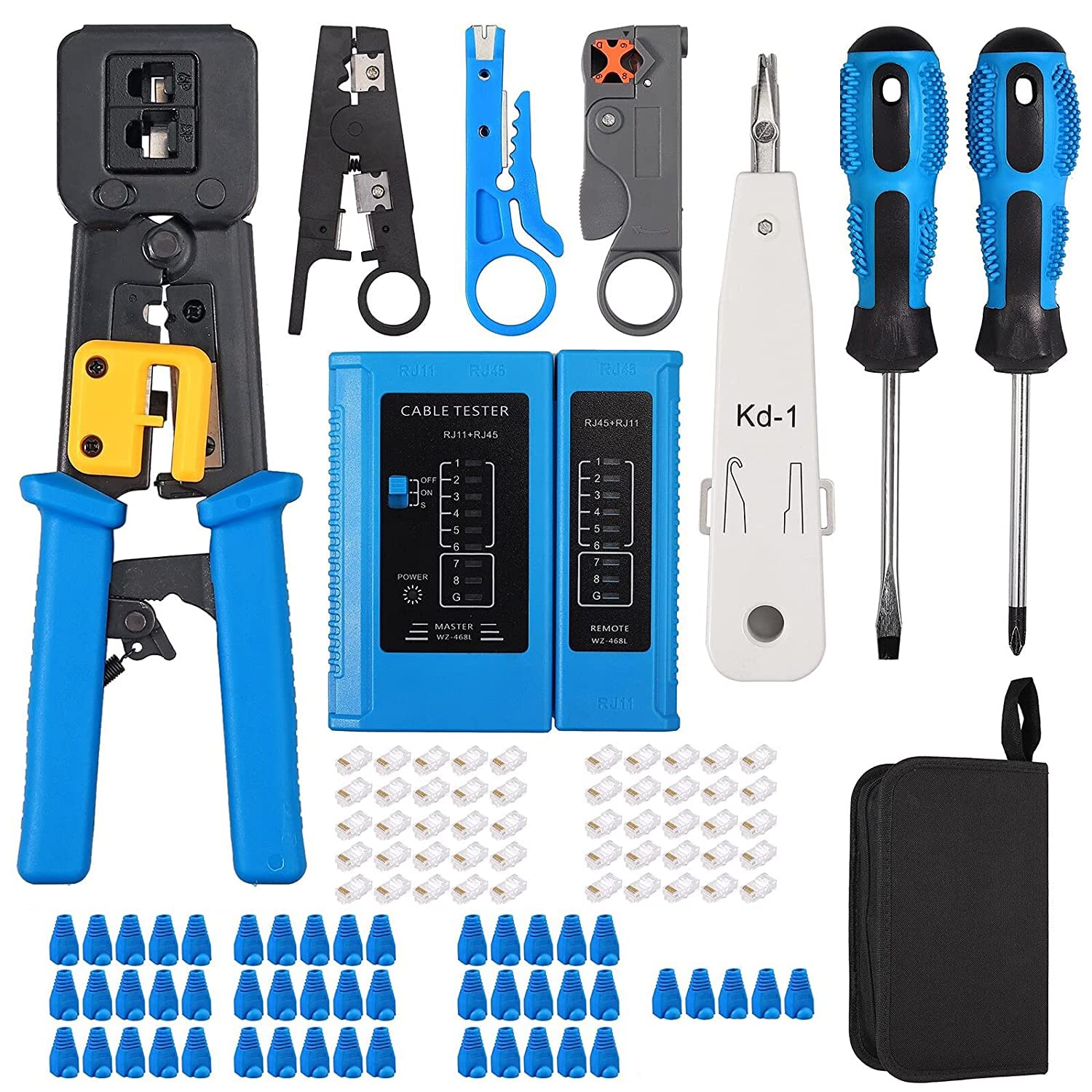 ELECTRO WOLF Crimp Tool Kit RJ45 CAT5 CAT5E CAT6 Crimping Tool, Network Cable Tester, Wire Punch Down Cutter, 50pcs RJ45 CAT6 Pass Through Connectors, 50pcs Covers - Blue (B09NK135KM) Amazon Price History, Amazon Price Tracker