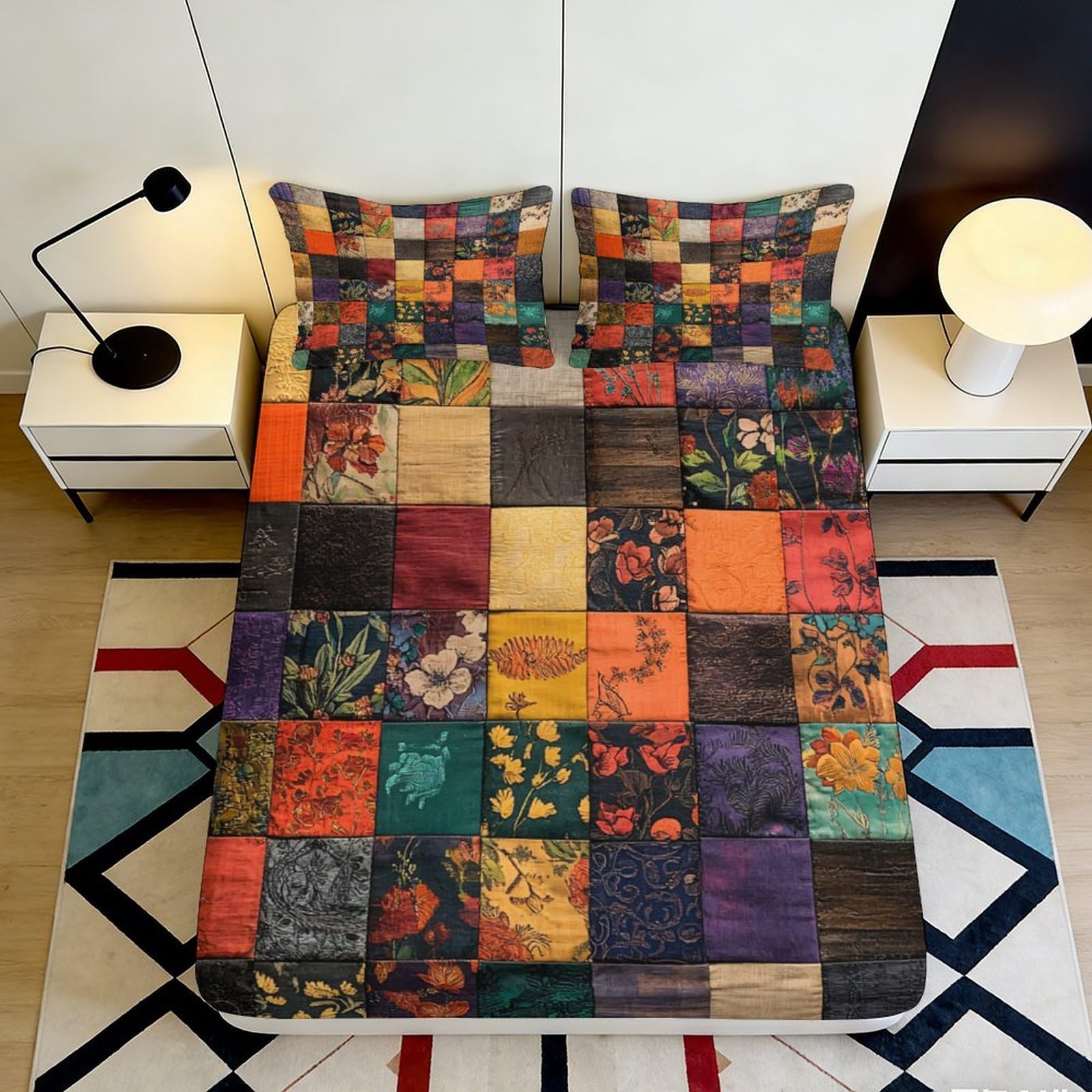 3D Printed Vintage Patchwork Fitted Sheet Microfiber Soft Breathable Floral Mosaic Bed Cover for Bedroom Guest Room Decor 90x200x25cm