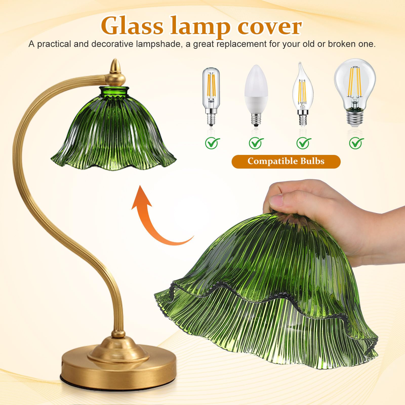 KICHOUSE Paralume in Vetro Verde Vintage per Lampadario Sospensione Design Semplice e Funzione di Attenuazione Luce, Facile da Rimuovere per Soggiorno o Cucina