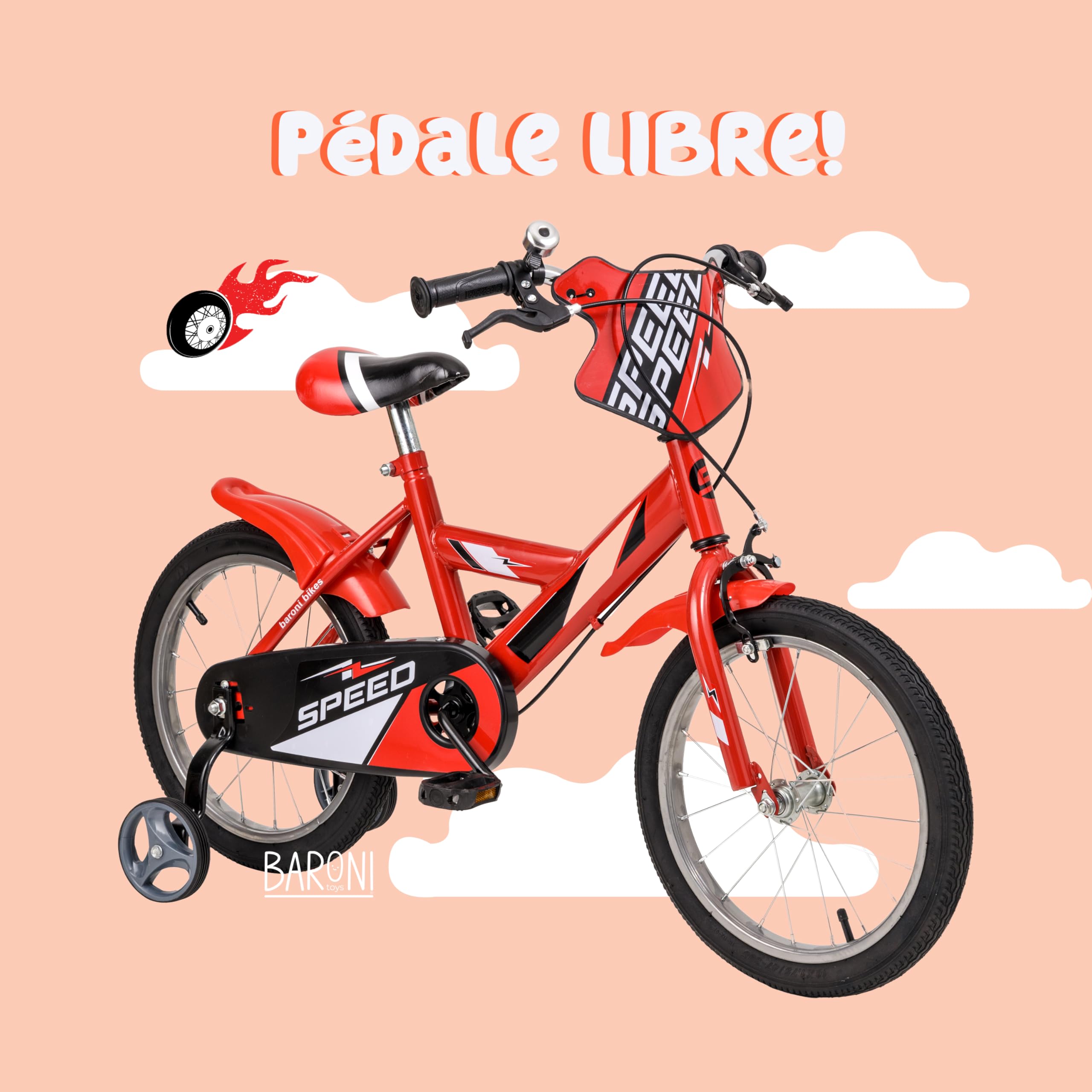 Baroni Toys Vélo rouge pour enfant avec roues incluses, vélo de sport pour enfants en acier, vélo pour enfants de 4 à 7 ans, taille 12", 14" et 16"