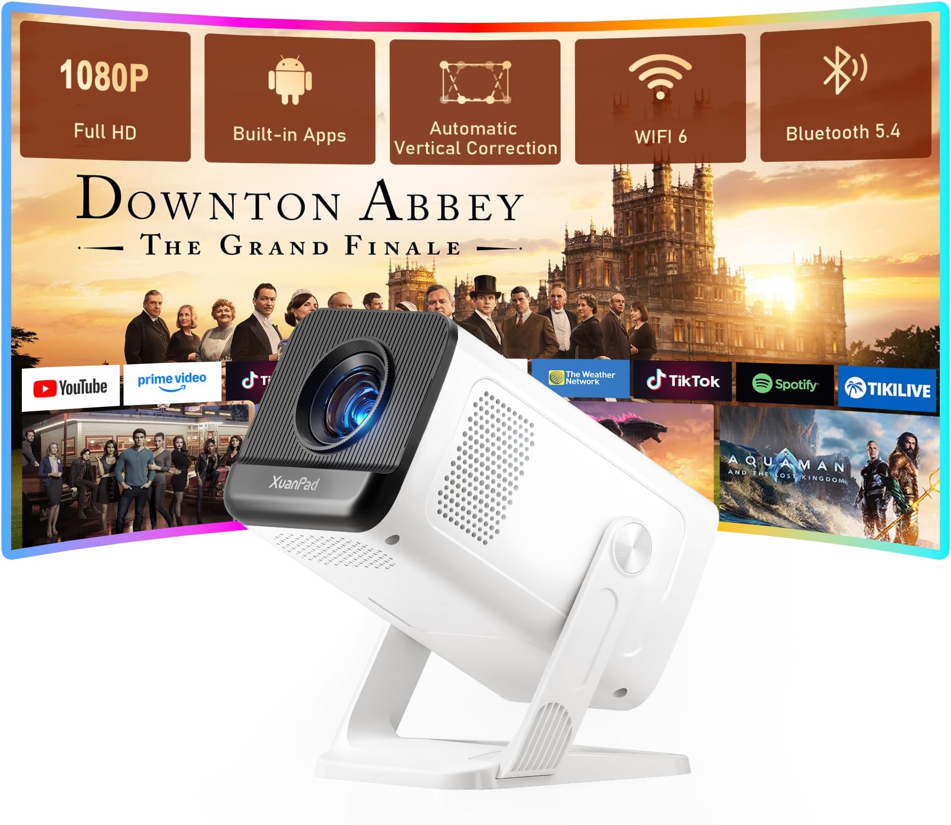 【Ivory Projector & Built-in Apps】 XuanPad Mini Projector with Wi-Fi and Bluetooth, Full HD 1080P Smart Portable Projector with 210° Stand, Auto Vertical Keystone, Compatible with HDMI/USB/TV Stick