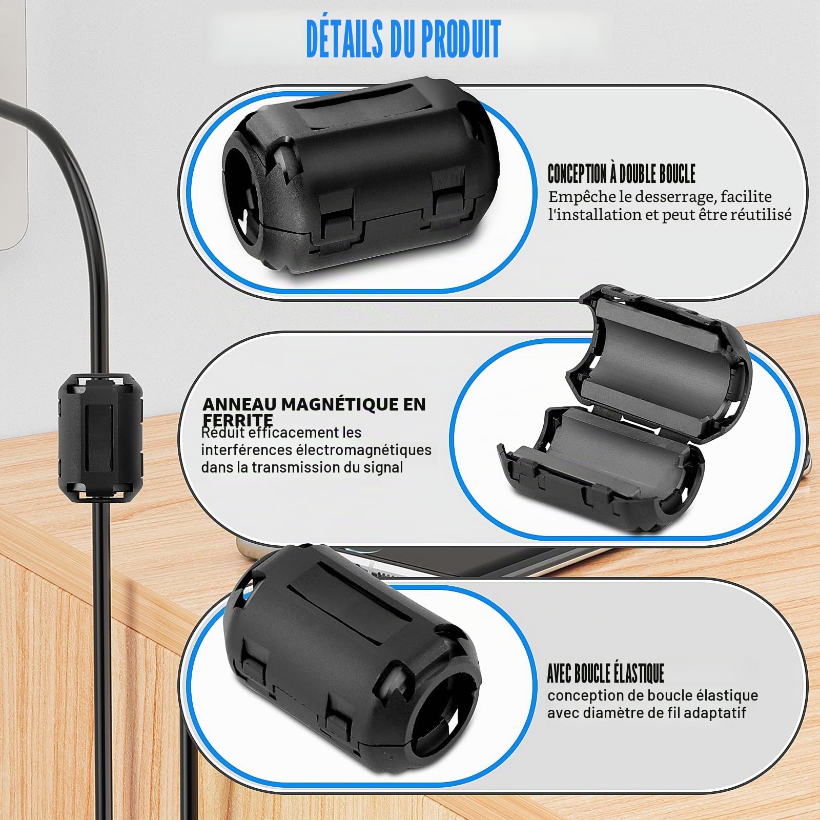 Dreamtop 20 Pcs Ferrite Antiparasite, 5 Valeurs Ferrite 3,5 mm 5 mm 7 mm 9 mm 13 mm, Noir Clip-on Ferrite Ring Core Antiparasite Noyau RFI EMI, Ferrite Cable Ferrite Anneau