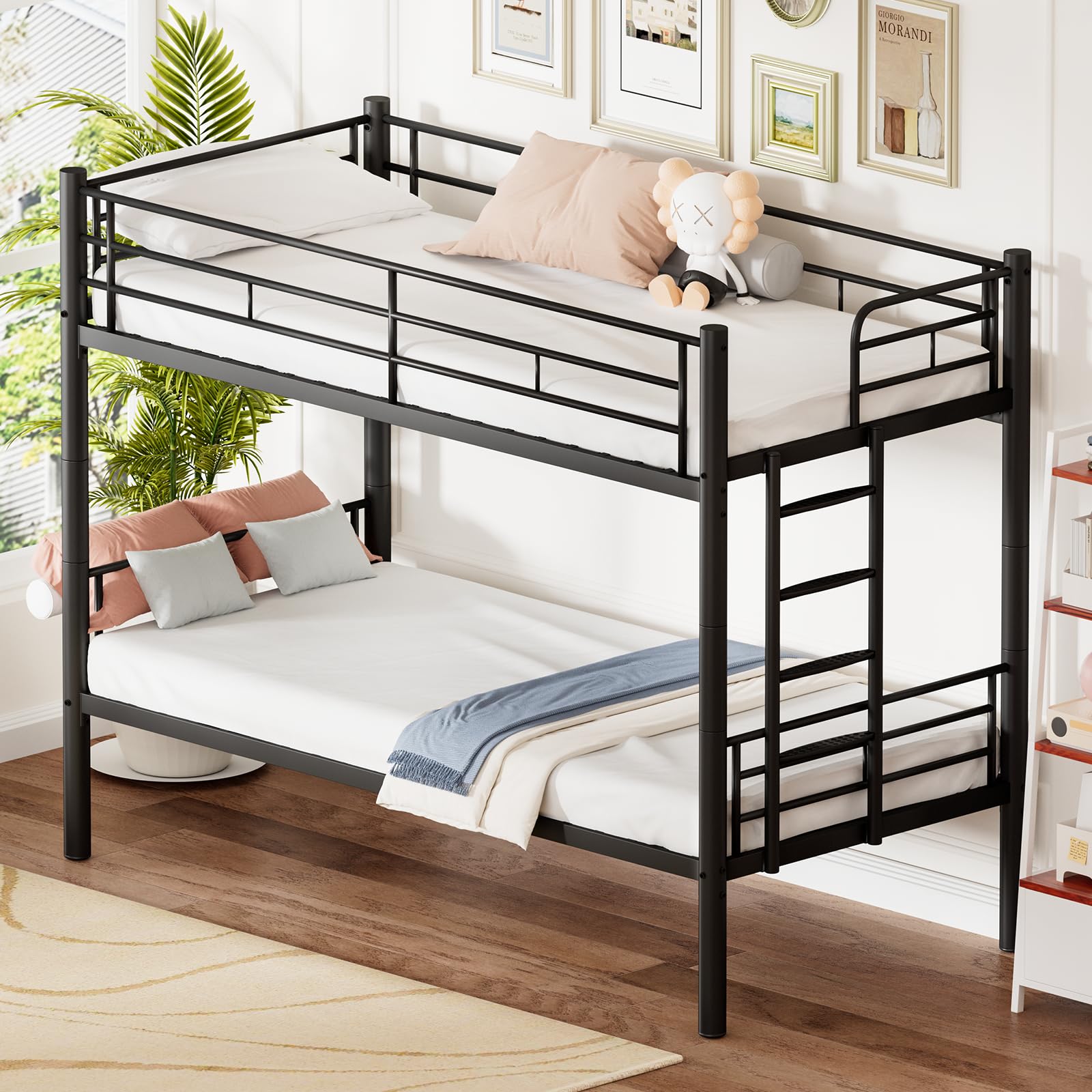 Litera de metal de 90 x 200 cm, se puede dividir en dos camas individuales, litera con escalera y protección anticaídas para adolescentes y adultos, color negro