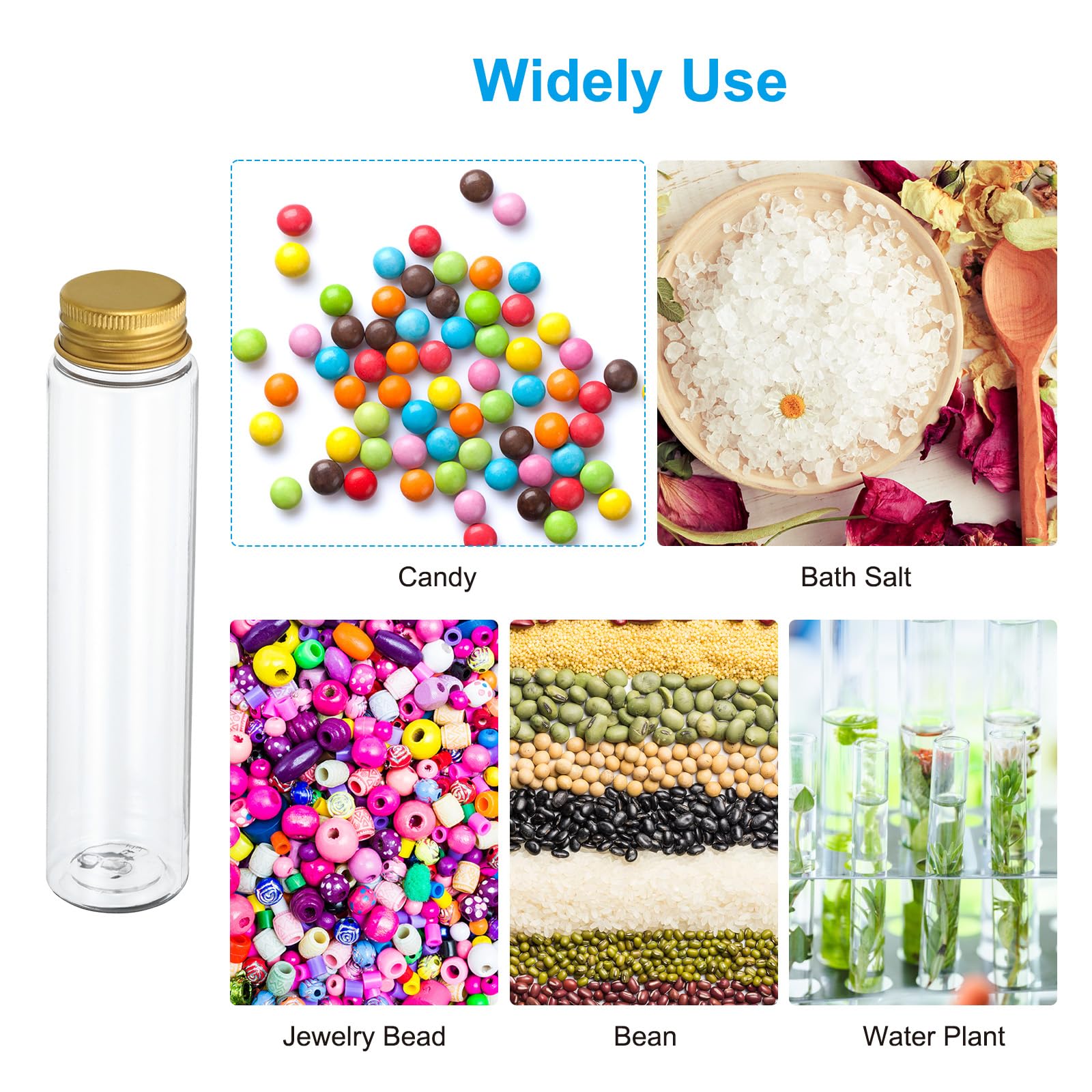PATIKIL Tubos de Ensayo de 110 ml, 40 Unidades de 5.91x1.34" de Plástico Transparente con Fondo Plano y Tapas para Almacenamiento de Cuentas, Dulces, Sales de Baño, Dorado