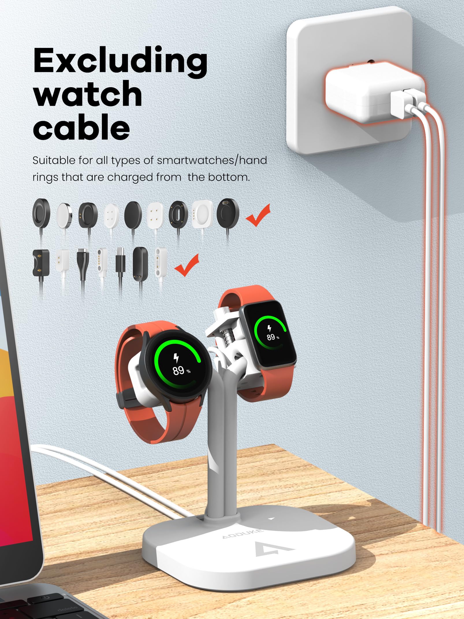 Universal Dual Watch Charger Dock, 2 in 1 Adjustable Smart Fitness Tracker Charging Station (A23S White)