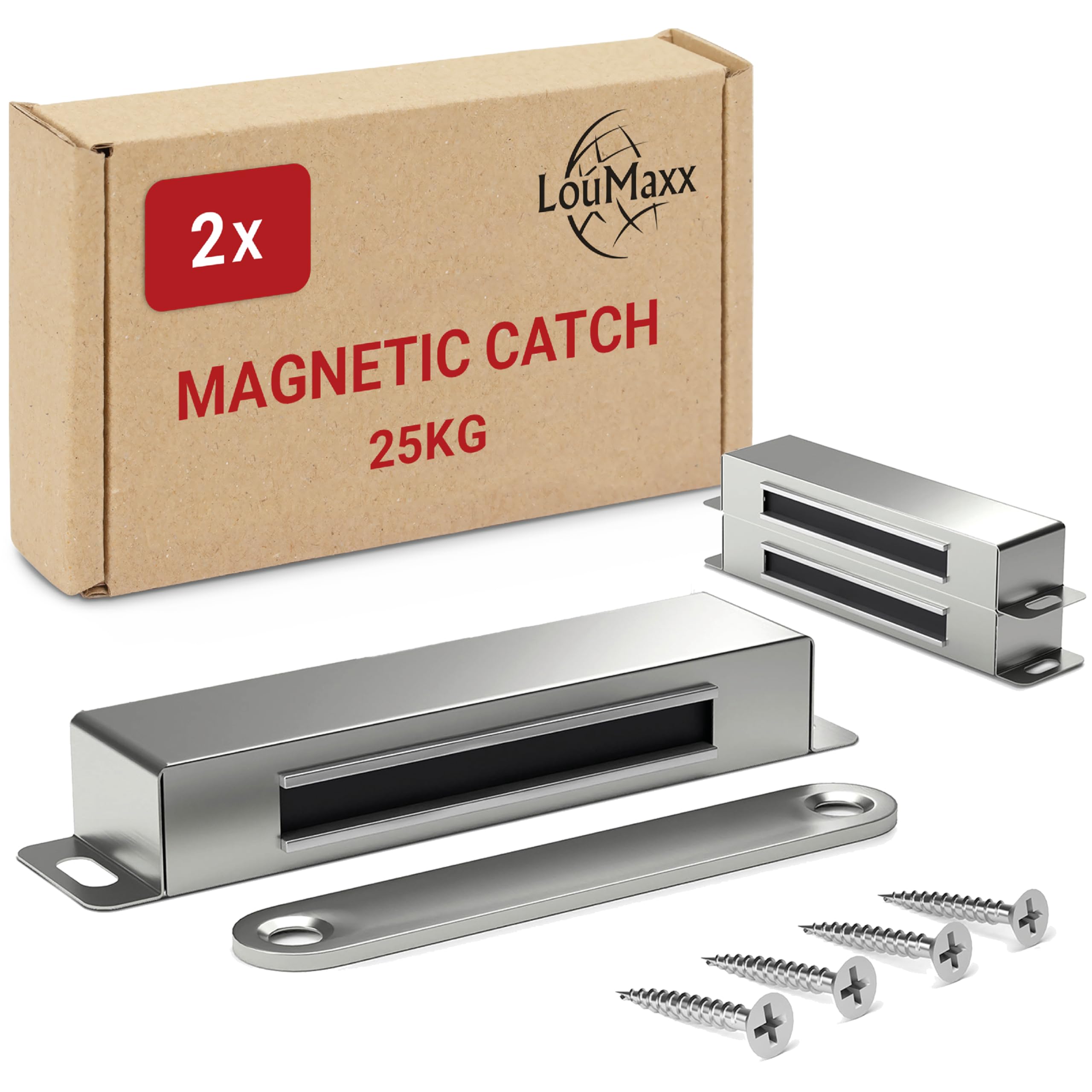 Loumaxx Stainless Steel 25 Kg Magnetic Door Catch Extra Strong – Holding Force 25Kg – Set Of 2 In Stainless Steel – Cabinet Magnets - Door Magnet - Door Magnetic Catch - Magnetic Cabinet Latch - Magnetic Door Latch