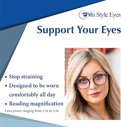 Miniatura 2 de In Style Eyes Lentes de lectura modernos, montura completa, estilo ovalado clásico, marco ligero con bisagras de resorte de metal, color negro, 2.5 x