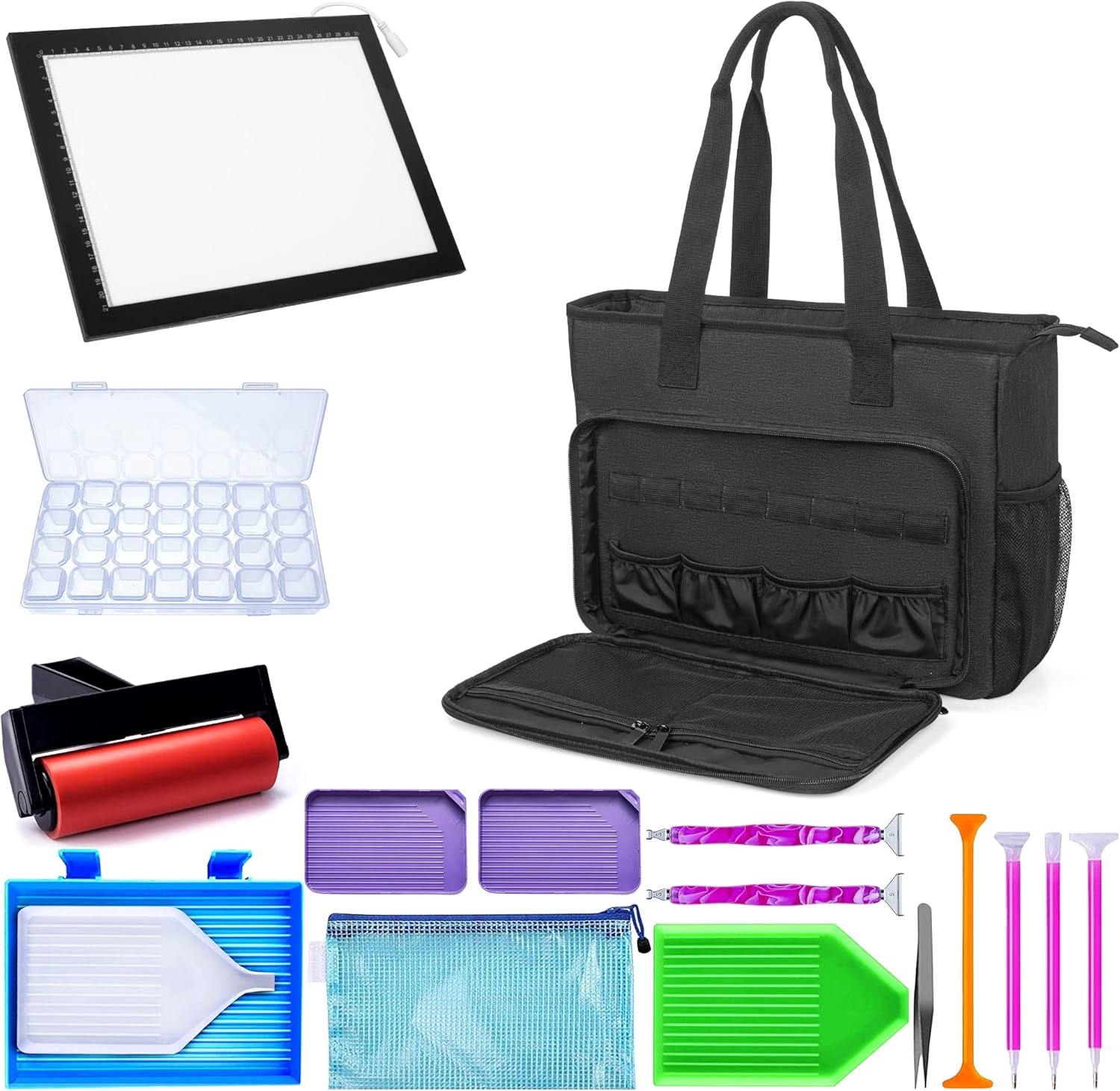 TORIBIO Diamond Painting Tote Bag with Padded Sleeve to Hold A4 Light Pad, Carrying Case for LED Light Pad & Diamond Art Tools/Accessories, 15.4"x12.2"x4.7", Black (Bag Only)