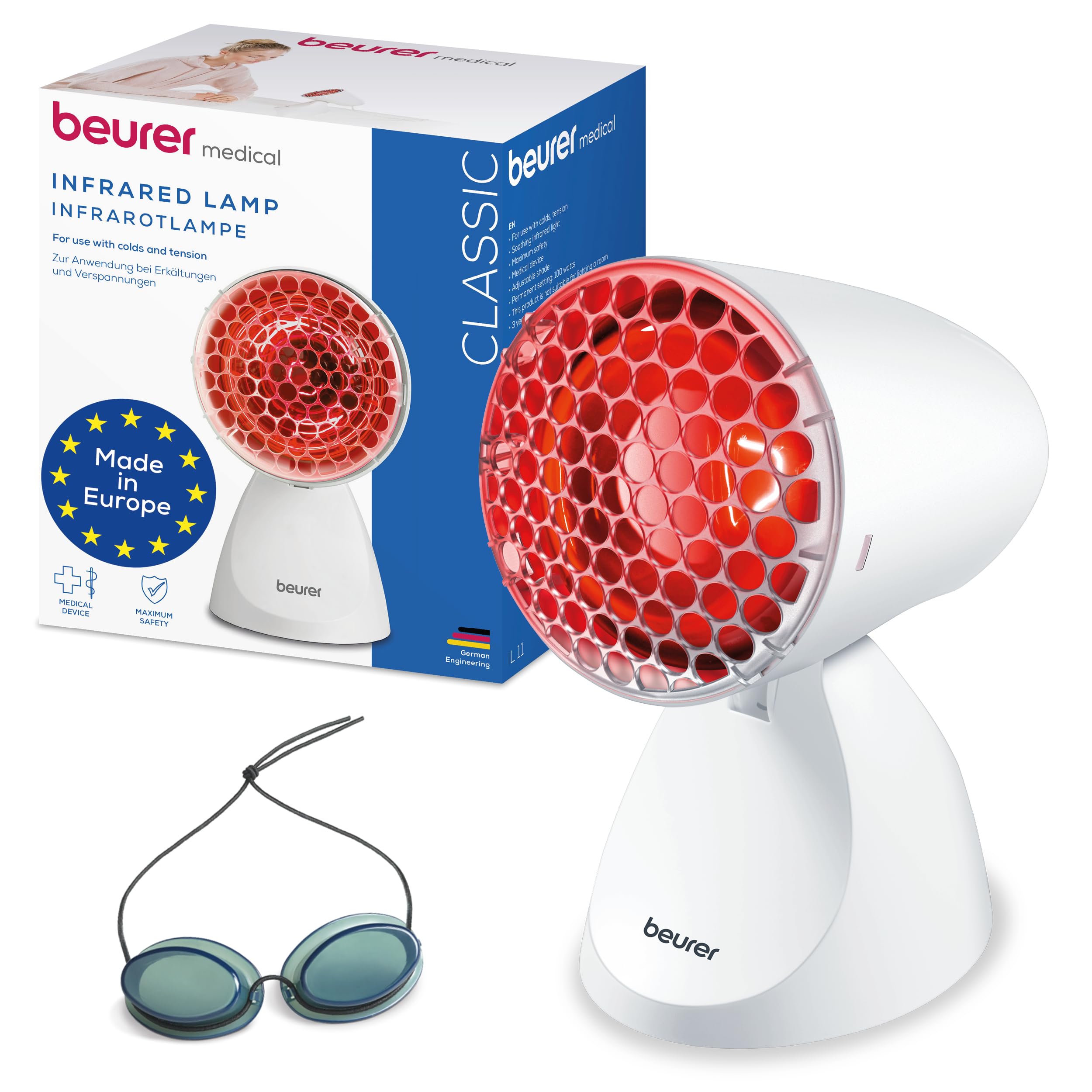 Beurer IL11 Infrared Heat Lamp | Warm, soothing infrared light | Helps ease muscle aches and joint stiffness | Speed recovery from the common cold | Improve complexion | With 5 angles of inclination