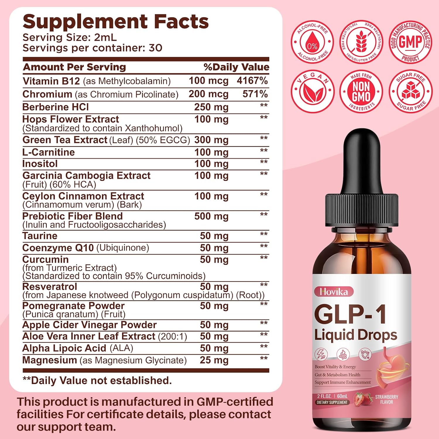 GLP-1 Supplement, GLP-1 Support Liquid Drops with Berberine, Chromium, Ceylon Cinnamon, Green Tea & Hops Flower Extract, GLP-1 Supplement for Gut & Metabolism Health, Vegan, Strawberry Flavor, 4 Fl Oz