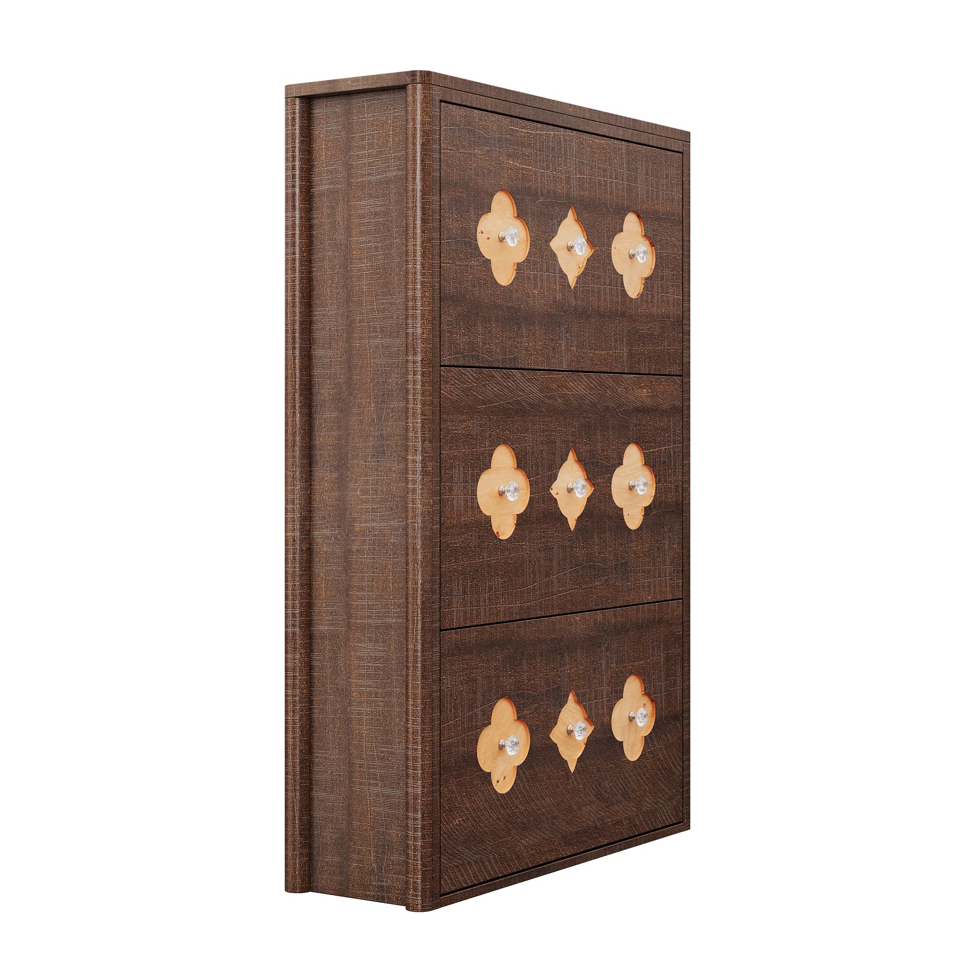 Platzsparender Schuhschrank schmal, freistehend – 3 Klappfächer mit Türen, florales Durchbruchmuster, diamantförmige Griffe, verdeckter Schuhstauraum, Holz, Braunrot, 3-Umdrehen Bucket