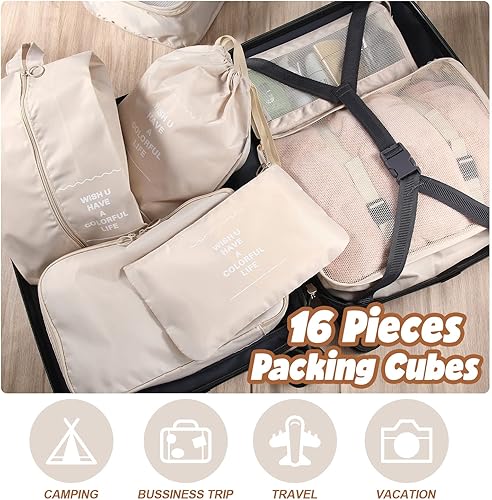 Miniatura 4 de Juego de 16 cubos organizadores de equipaje, bolsas organizadoras de equipaje para maletas de viaje, cubos de equipaje con bolsa de aseo y bolsa