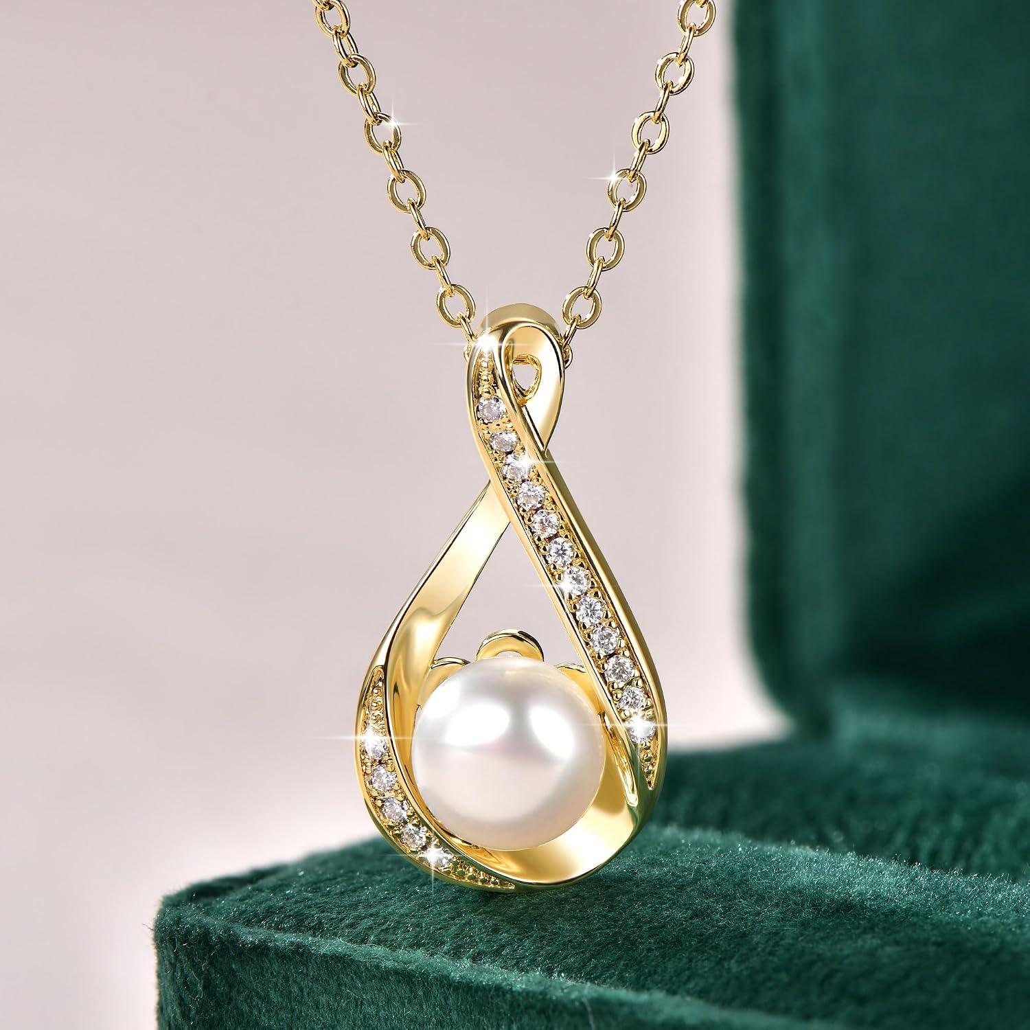 Infinity Pearl Necklace for Women, 14K Gold Plated Pendant with 8-9mm Button Freshwater Cultured Pearl and Moissanite Accents, Elegant Wedding Jewelry for Her