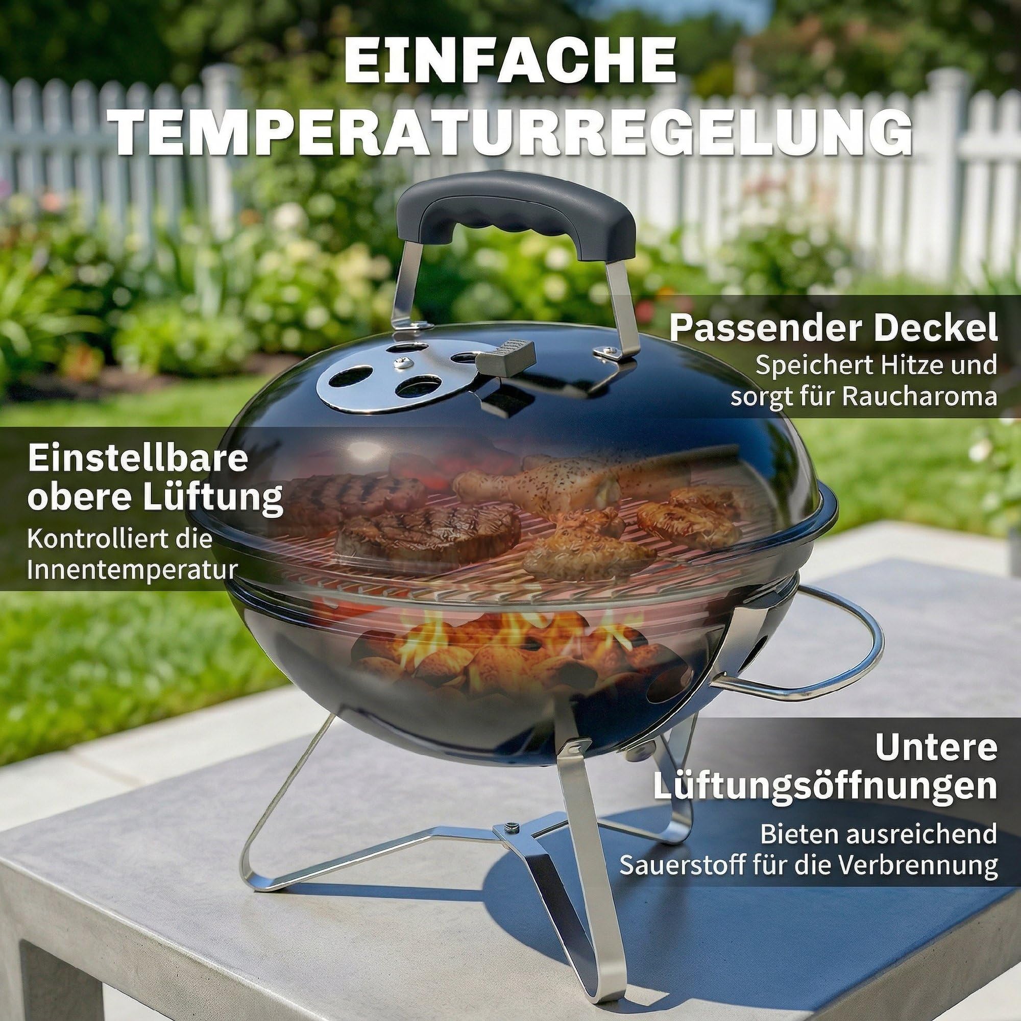 Outsunny Grill na węgiel drzewny, BBQ Smoker z uchwytem pokrywy, przenośny grill kulisty z regulowanymi otworami wentylacyjnymi, grill węglowy na kemping, taras, do ogrodu, 41 x 41 x 44 cm, czarny