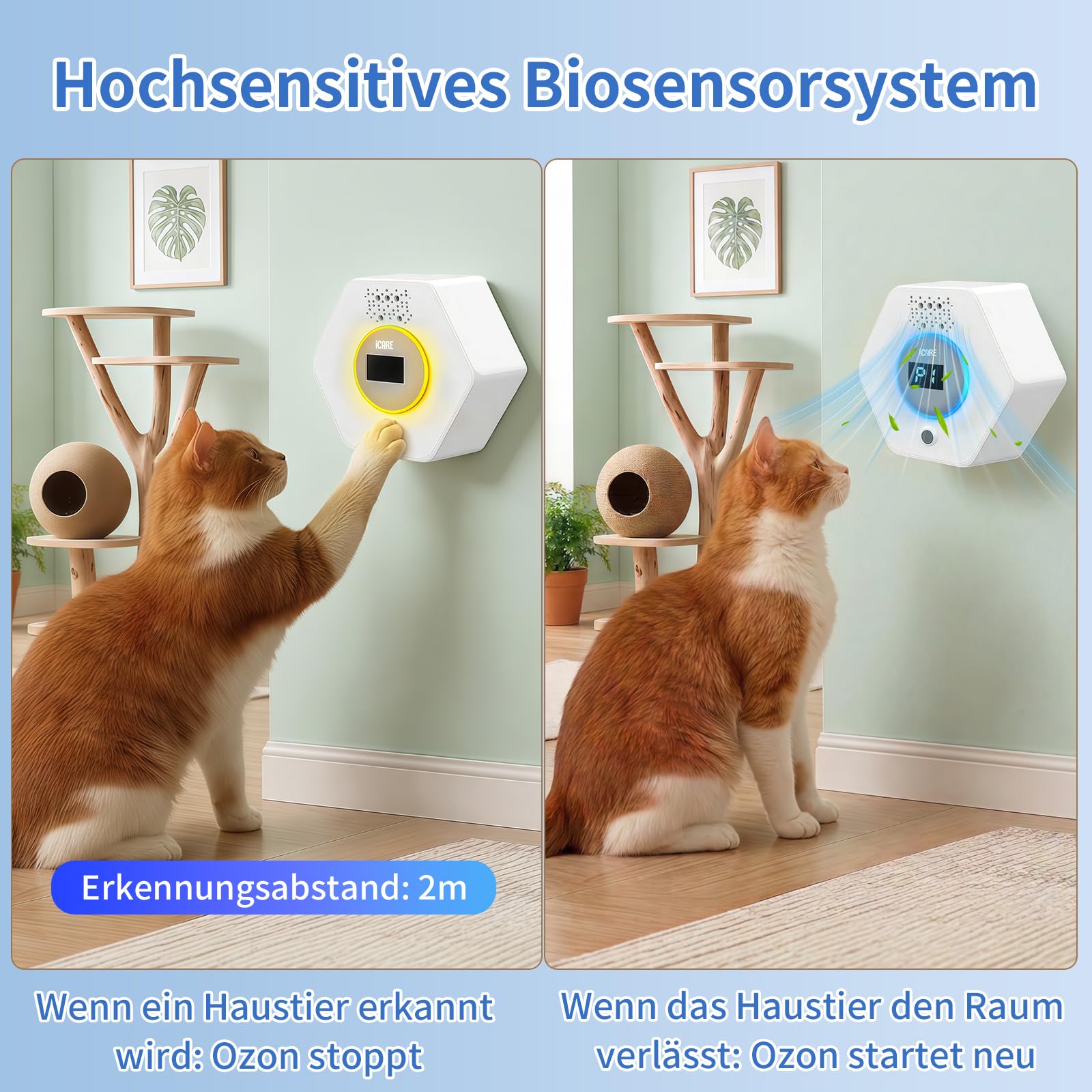 Katzenstreu Geruchsbeseitiger, Ozon & Negative Ion Cat Odor Eliminator mit Sensor Monitor, Katzentoiletten Desodorierer mit 3 Led Licht Modi, Lufterfrischer, Effektiver Luftreiniger Für Haustiergerüc